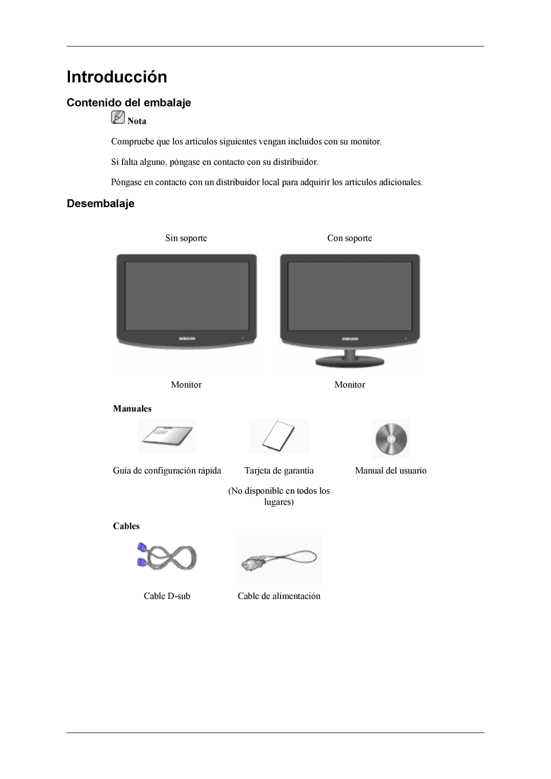 Samsung LS19CFEKF/EN, LS19CFVKF/EN, LS19CFVKH/EN manual Introducción, Contenido del embalaje, Desembalaje, Manuales, Cables 