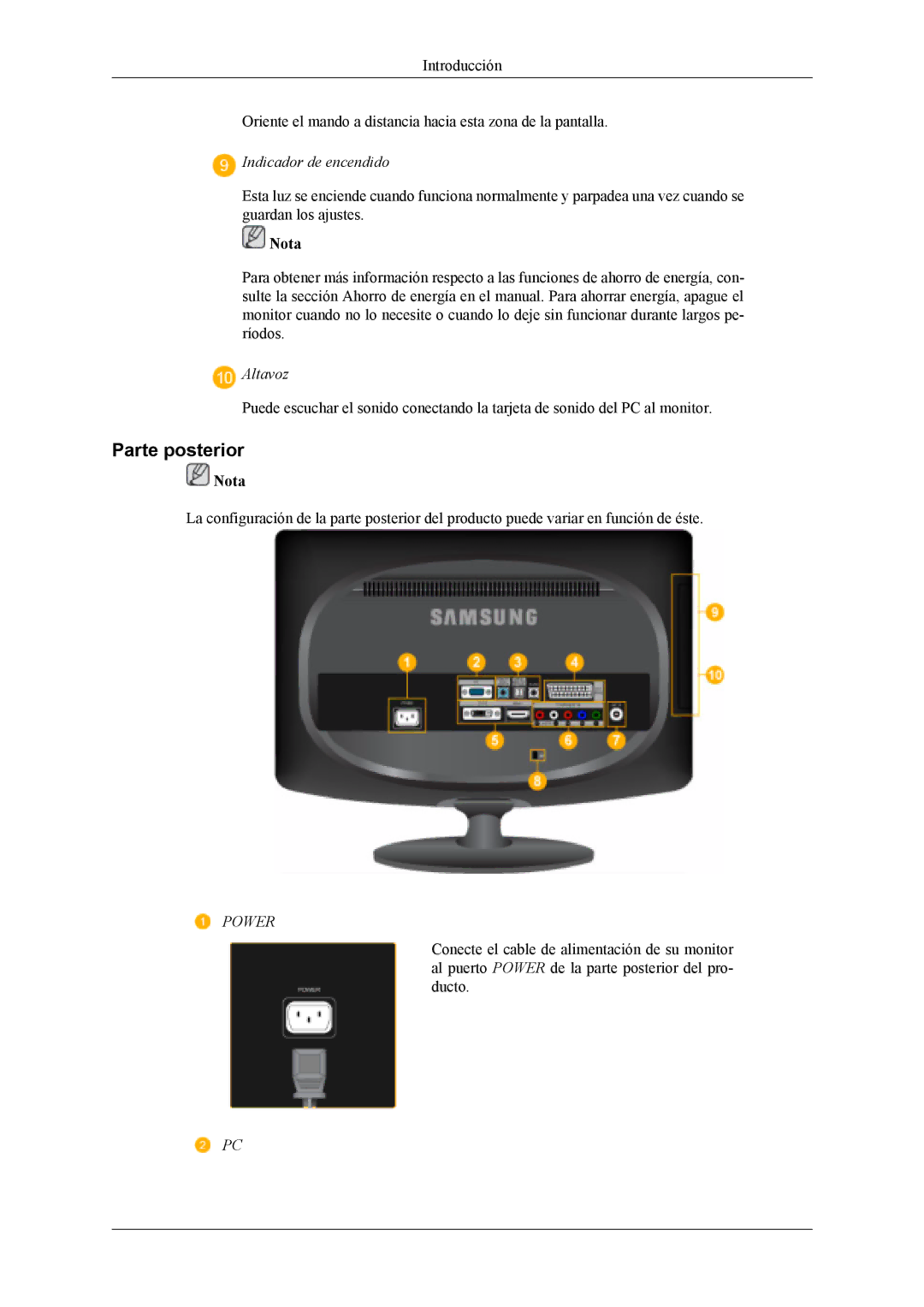 Samsung LS19CFEKF/EN, LS19CFVKF/EN, LS19CFVKH/EN manual Parte posterior, Indicador de encendido 