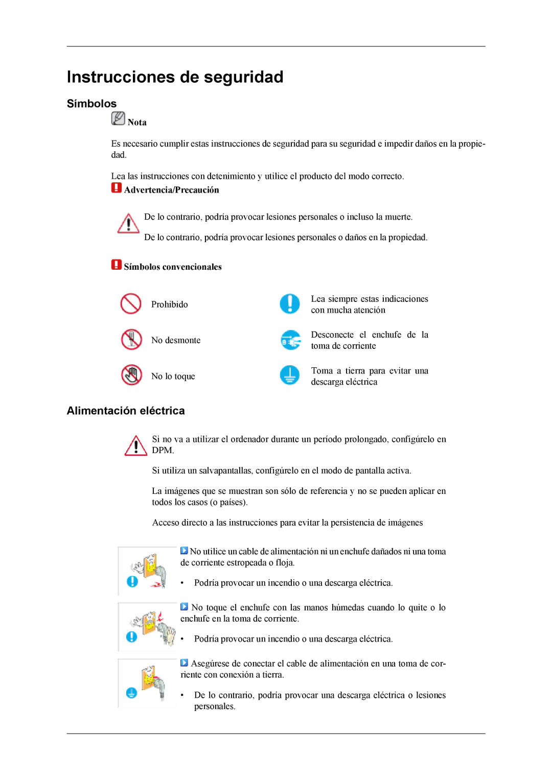 Samsung LS19CFVKH/EN, LS19CFVKF/EN, LS19CFEKF/EN manual Instrucciones de seguridad, Símbolos, Alimentación eléctrica 