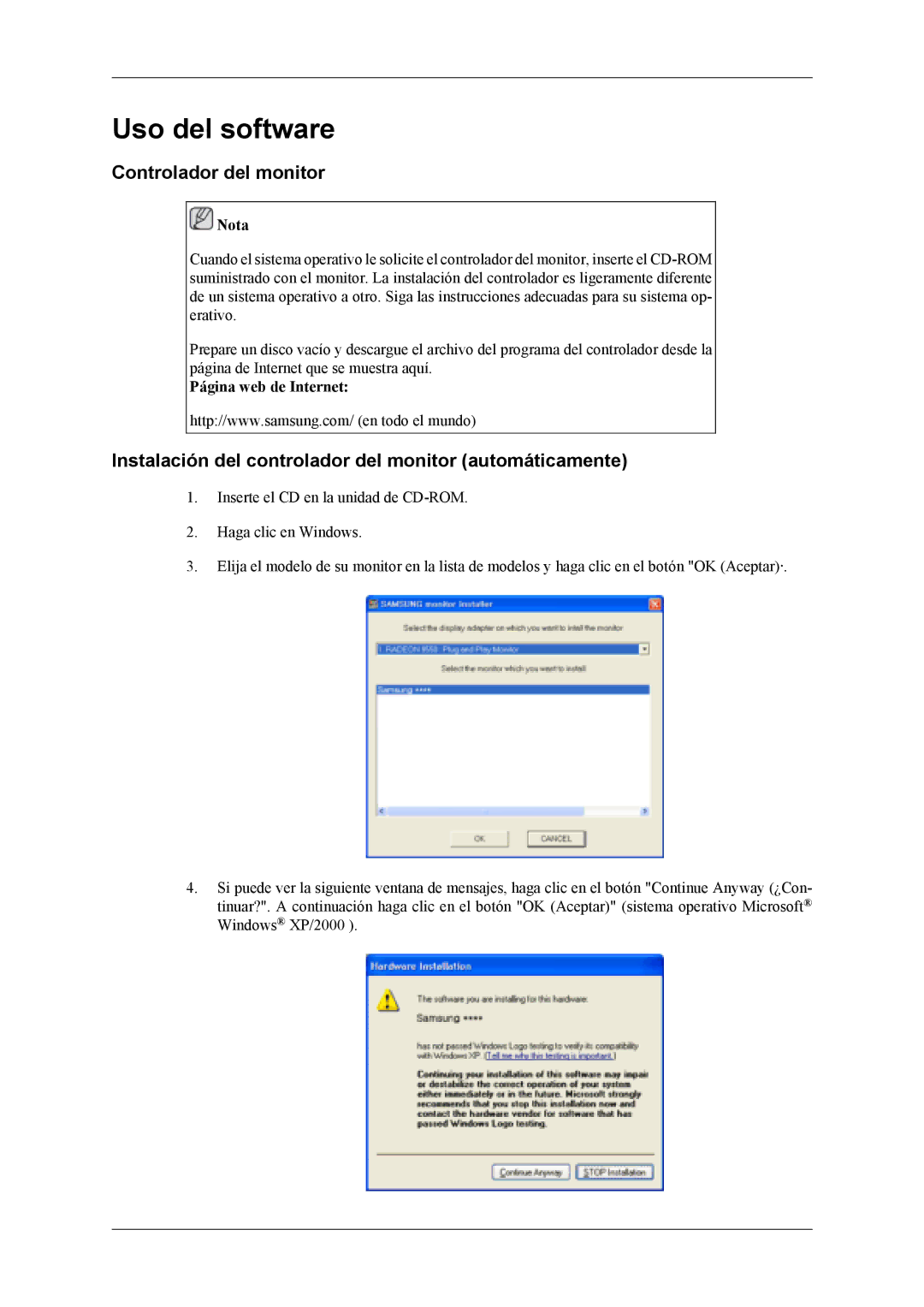 Samsung LS19CFEKF/EN Uso del software, Controlador del monitor, Instalación del controlador del monitor automáticamente 