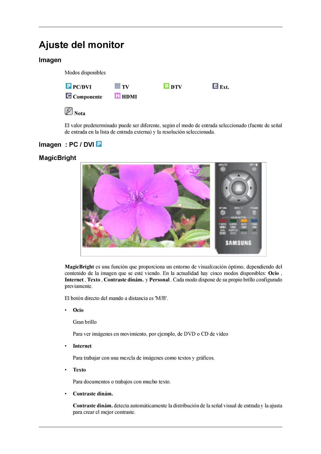 Samsung LS19CFVKH/EN, LS19CFVKF/EN, LS19CFEKF/EN manual Ajuste del monitor, Imagen PC / DVI MagicBright 