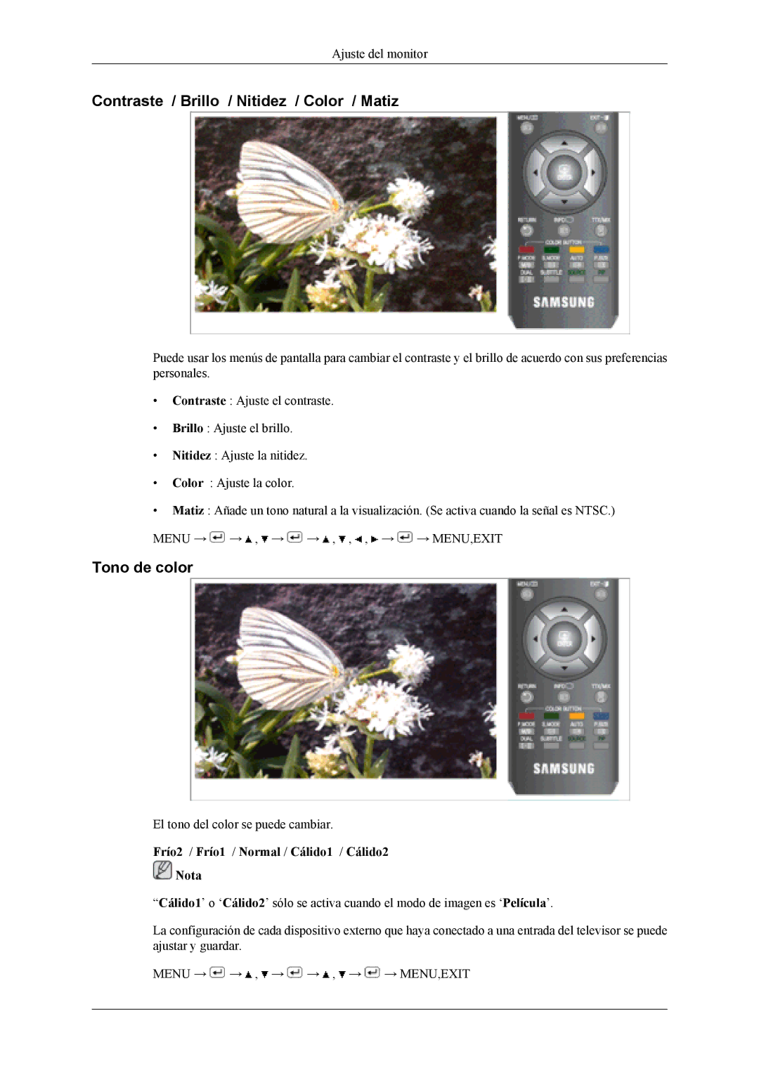 Samsung LS19CFVKH/EN, LS19CFVKF/EN, LS19CFEKF/EN manual Contraste / Brillo / Nitidez / Color / Matiz, Tono de color 