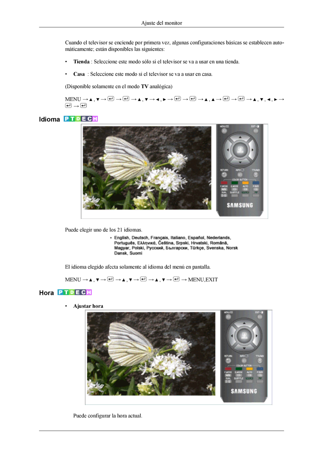 Samsung LS19CFEKF/EN, LS19CFVKF/EN, LS19CFVKH/EN manual Idioma, Hora, Ajustar hora 