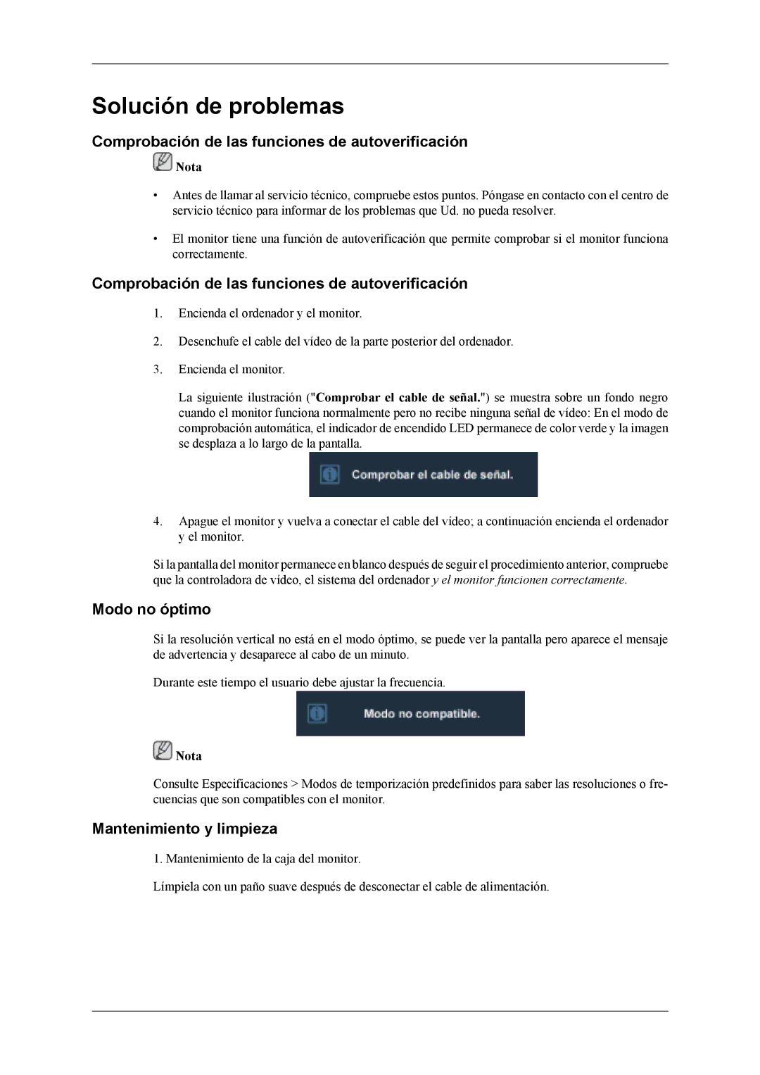 Samsung LS19CFVKH/EN manual Solución de problemas, Comprobación de las funciones de autoverificación, Modo no óptimo 