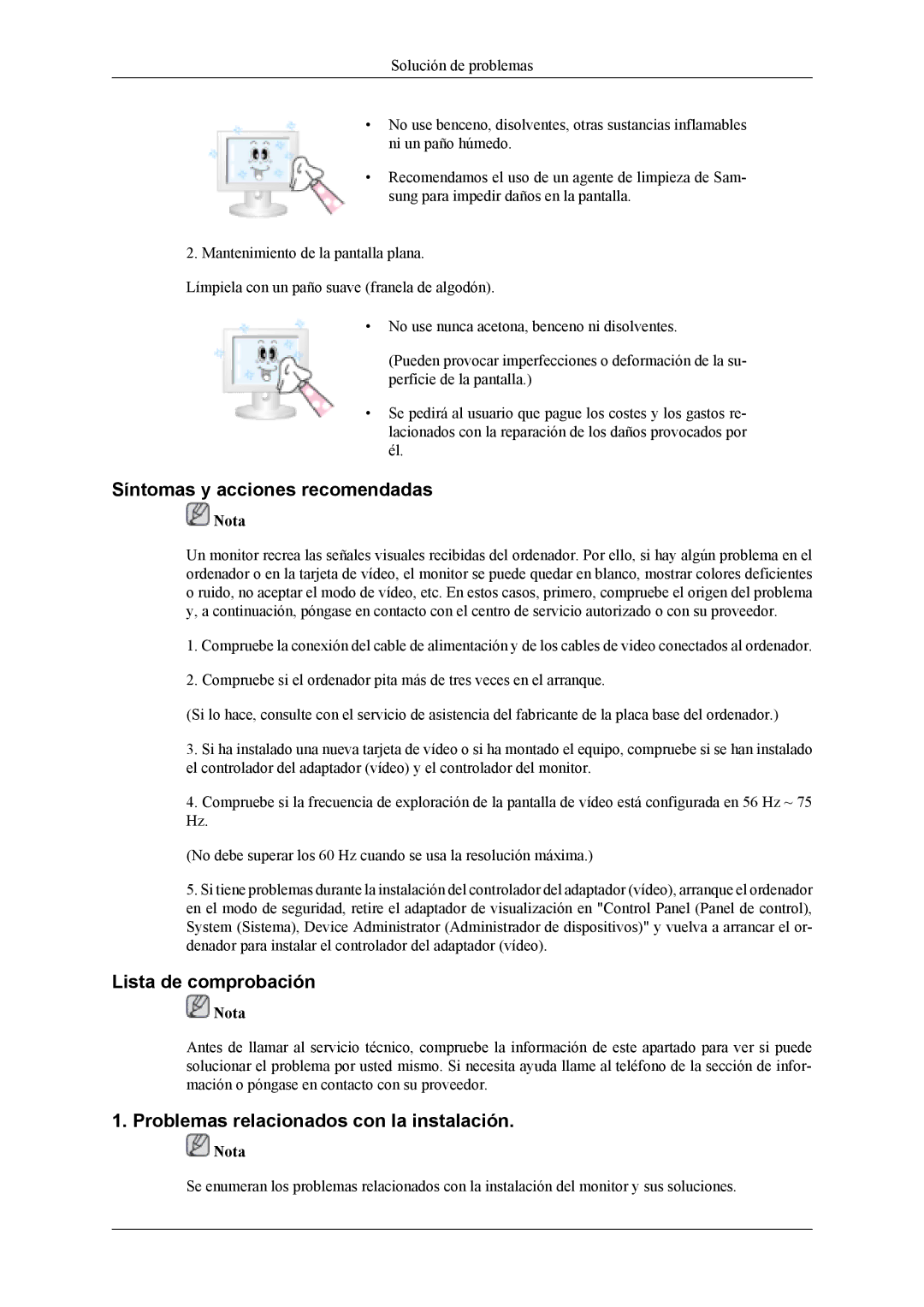 Samsung LS19CFVKF/EN Síntomas y acciones recomendadas, Lista de comprobación, Problemas relacionados con la instalación 