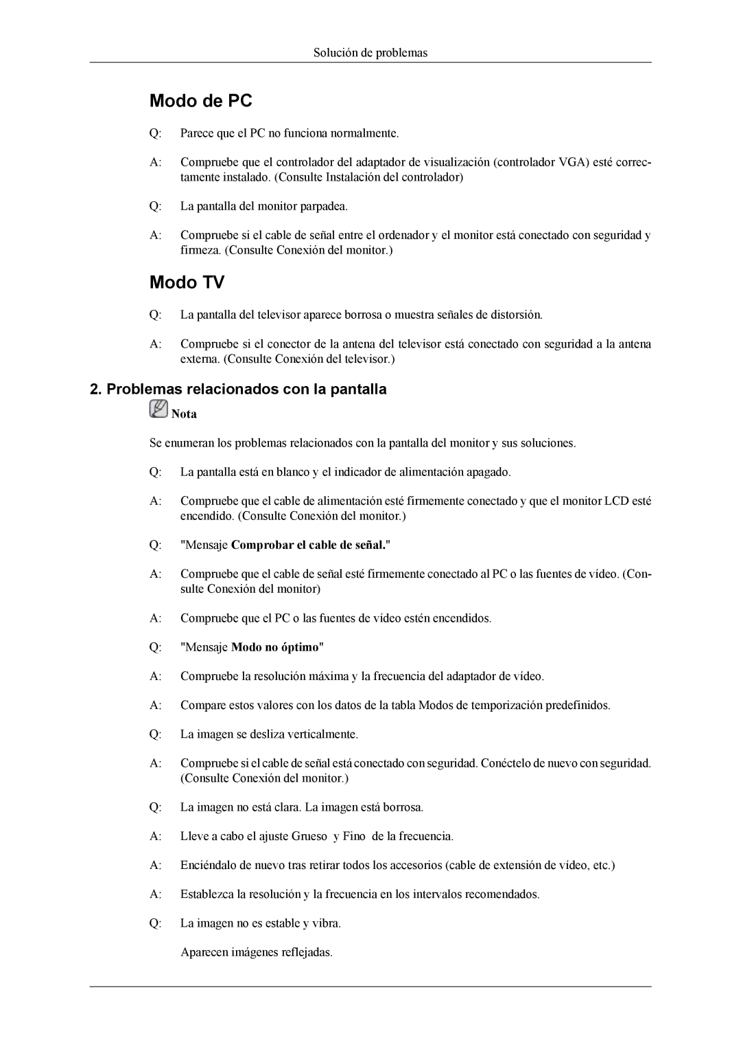 Samsung LS19CFEKF/EN Problemas relacionados con la pantalla, Mensaje Comprobar el cable de señal, Mensaje Modo no óptimo 