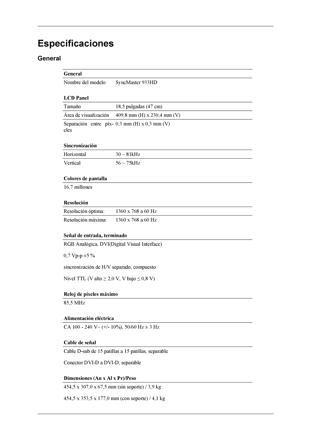 Samsung LS19CFVKF/EN, LS19CFEKF/EN, LS19CFVKH/EN manual Especificaciones, General 