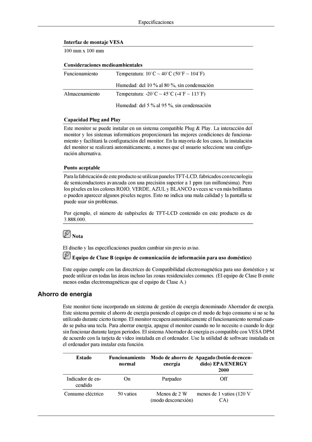 Samsung LS19CFEKF/EN manual Ahorro de energía, Interfaz de montaje Vesa, Consideraciones medioambientales, Punto aceptable 