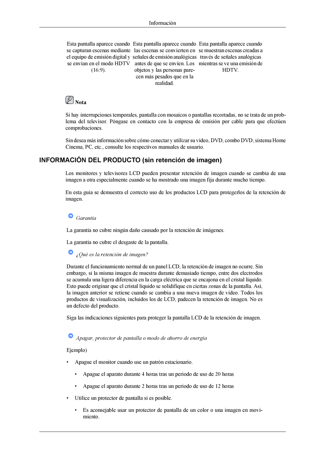 Samsung LS19CFEKF/EN, LS19CFVKF/EN, LS19CFVKH/EN manual Información DEL Producto sin retención de imagen, Garantía 