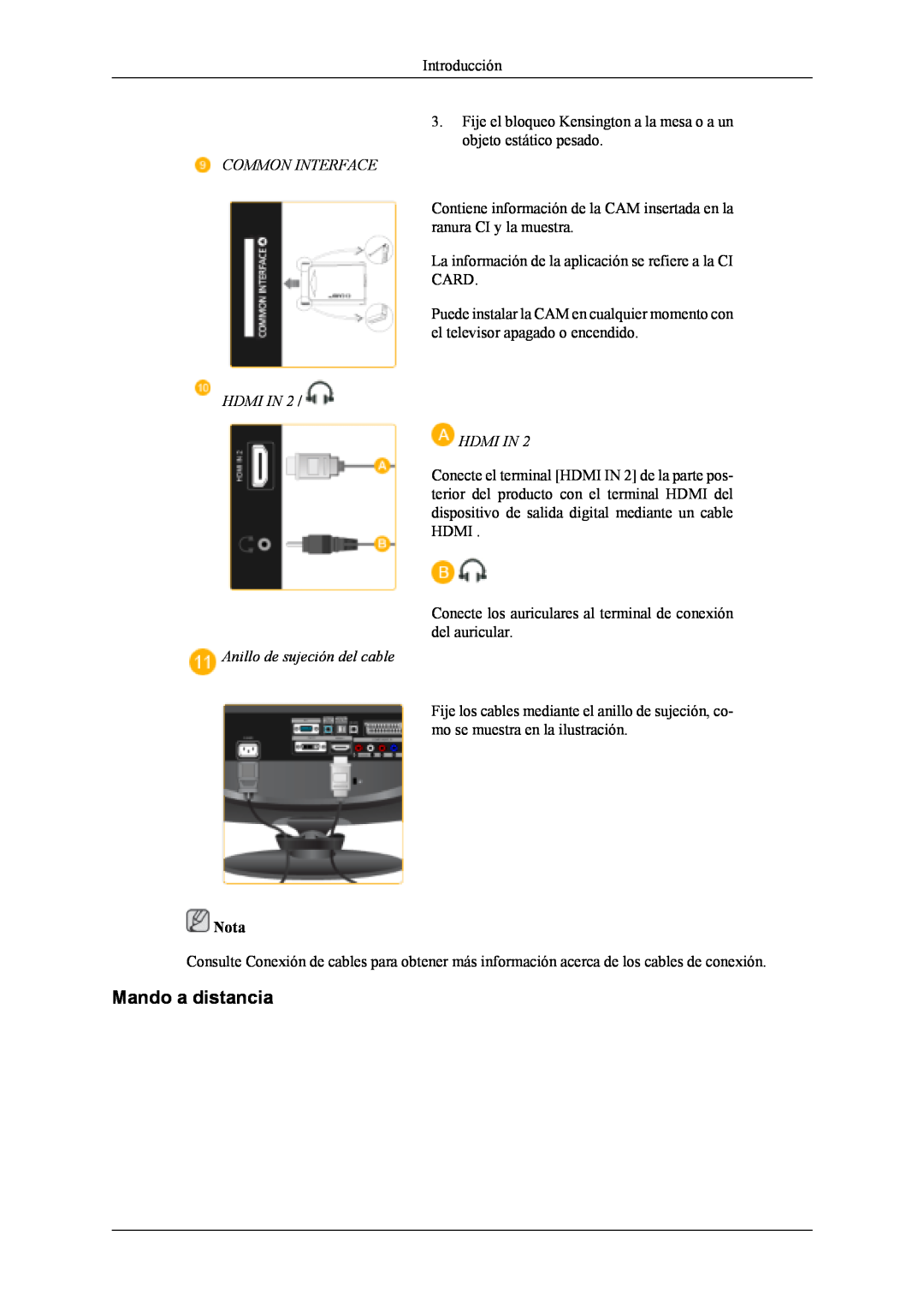 Samsung LS19CFEKF/EN manual Mando a distancia, Common Interface, Hdmi In Hdmi In, Anillo de sujeción del cable, Nota 