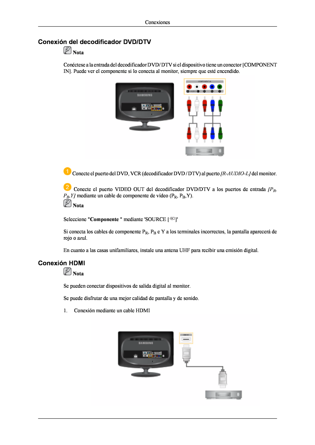Samsung LS19CFVKH/EN, LS19CFVKF/EN, LS19CFEKF/EN manual Conexión del decodificador DVD/DTV, Conexión HDMI, Nota 