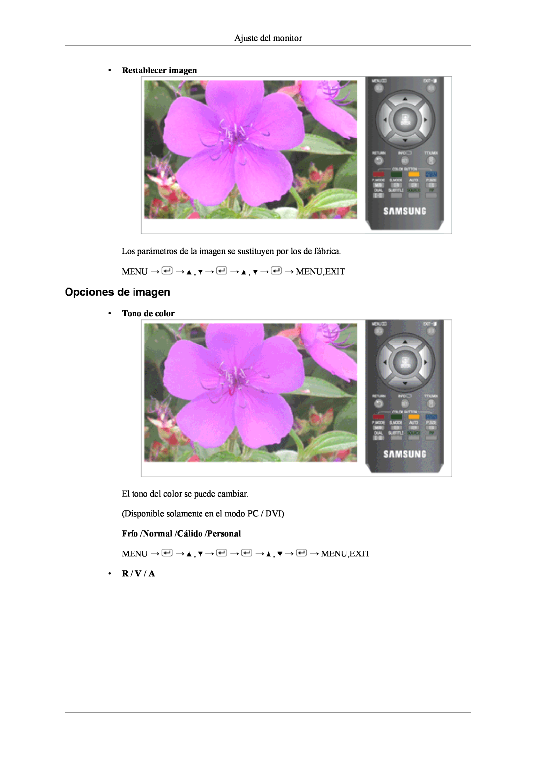 Samsung LS19CFVKH/EN, LS19CFVKF/EN, LS19CFEKF/EN manual Opciones de imagen, Restablecer imagen, Tono de color, R / V / A 