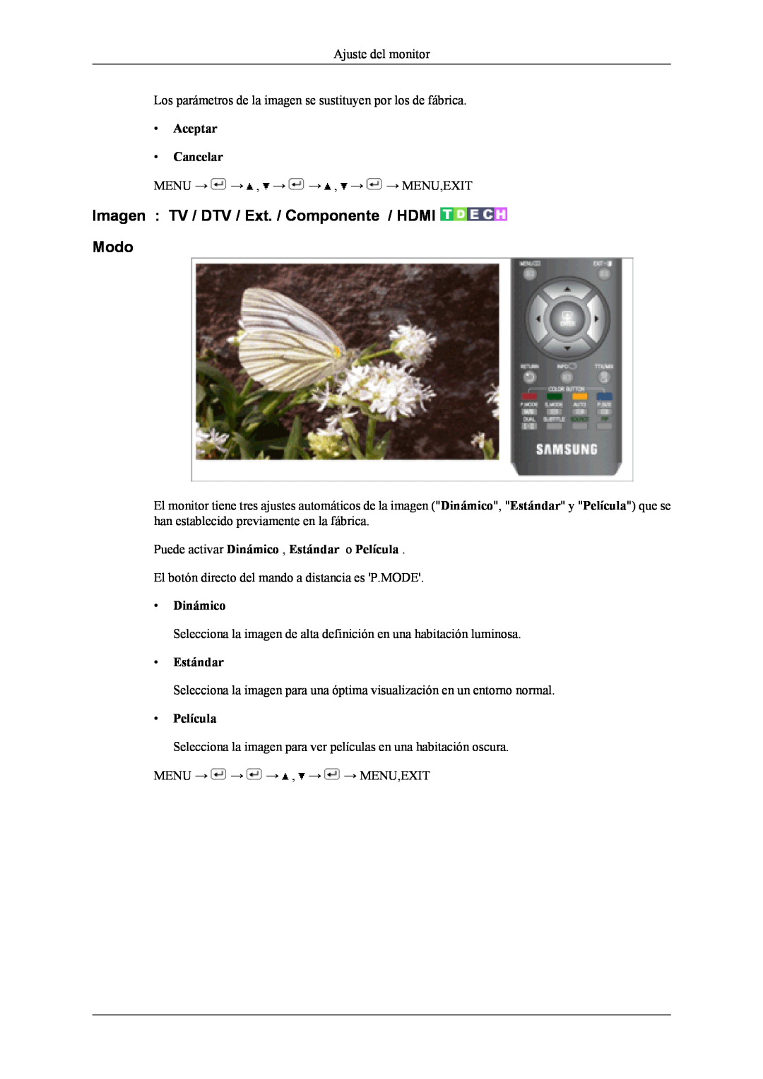 Samsung LS19CFEKF/EN manual Imagen TV / DTV / Ext. / Componente / HDMI Modo, Aceptar Cancelar, Dinámico, Estándar, Película 