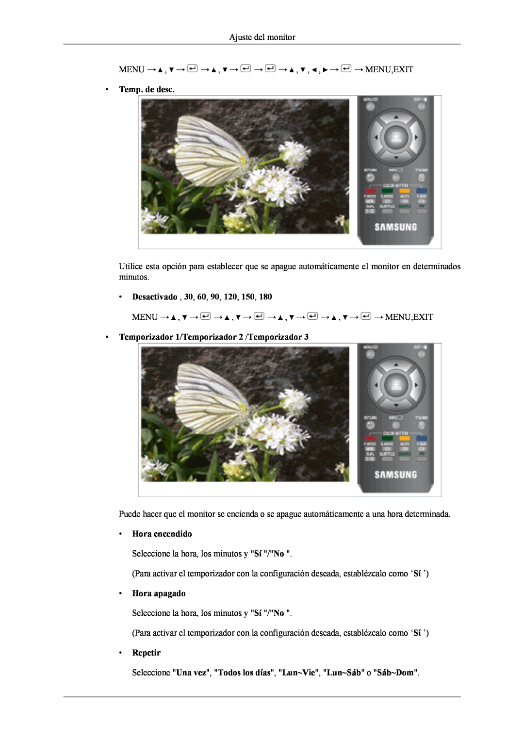 Samsung LS19CFVKH/EN manual Temp. de desc, Desactivado , 30, 60, 90, 120, 150, Temporizador 1/Temporizador 2 /Temporizador 
