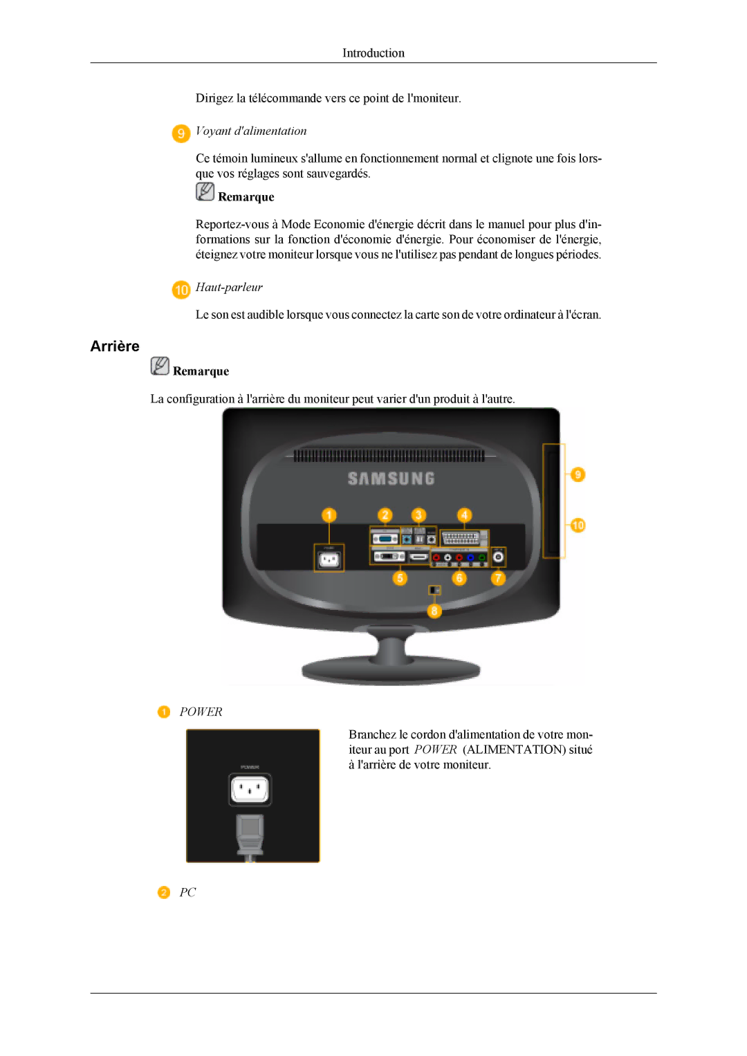 Samsung LS19CFEKF/EN, LS19CFVKF/EN manual Arrière, Voyant dalimentation 