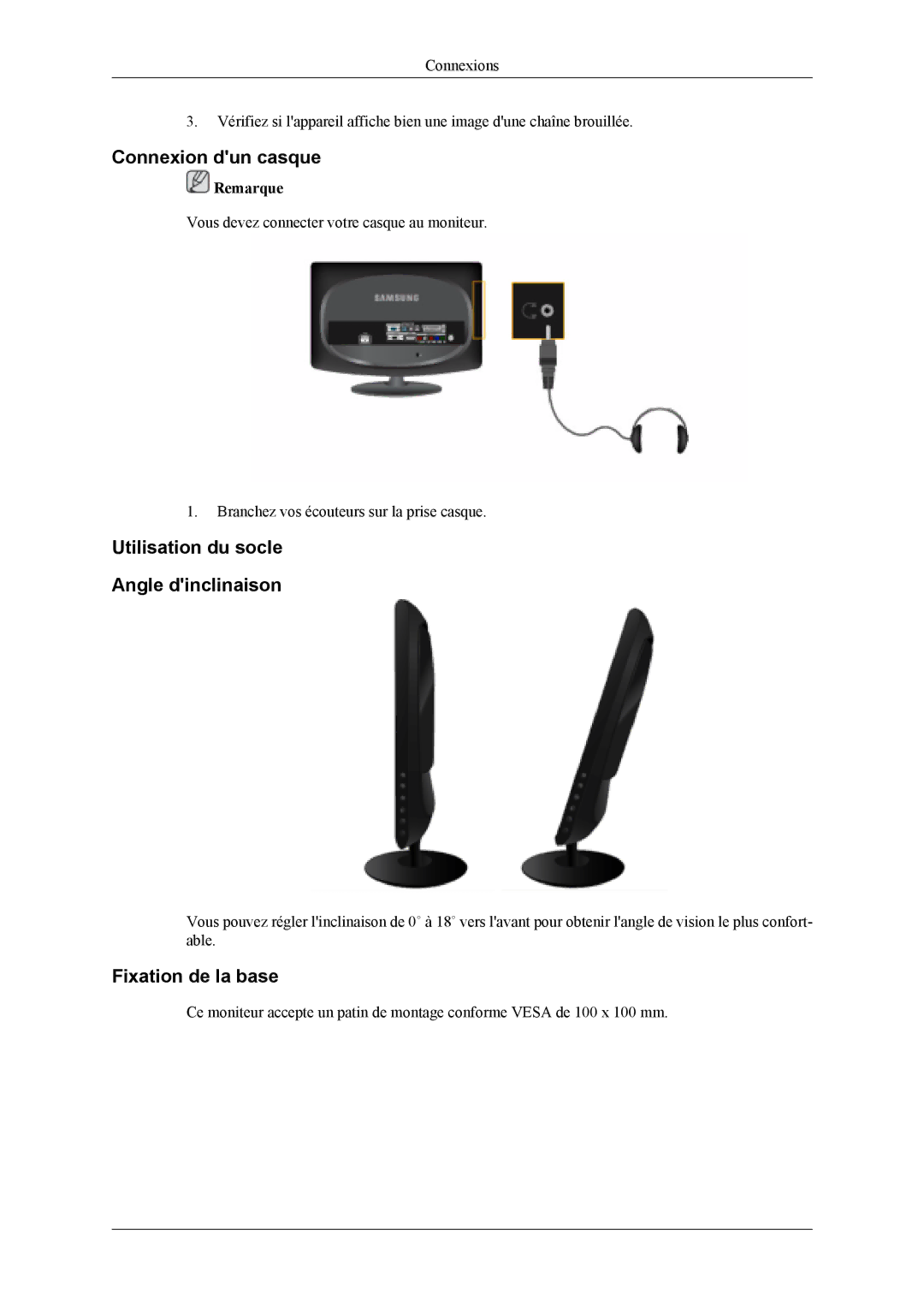 Samsung LS19CFVKF/EN, LS19CFEKF/EN manual Connexion dun casque, Utilisation du socle Angle dinclinaison, Fixation de la base 