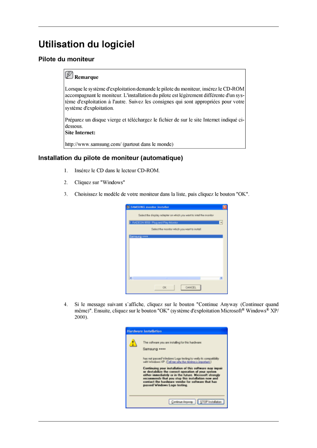 Samsung LS19CFVKF/EN manual Utilisation du logiciel, Pilote du moniteur, Installation du pilote de moniteur automatique 