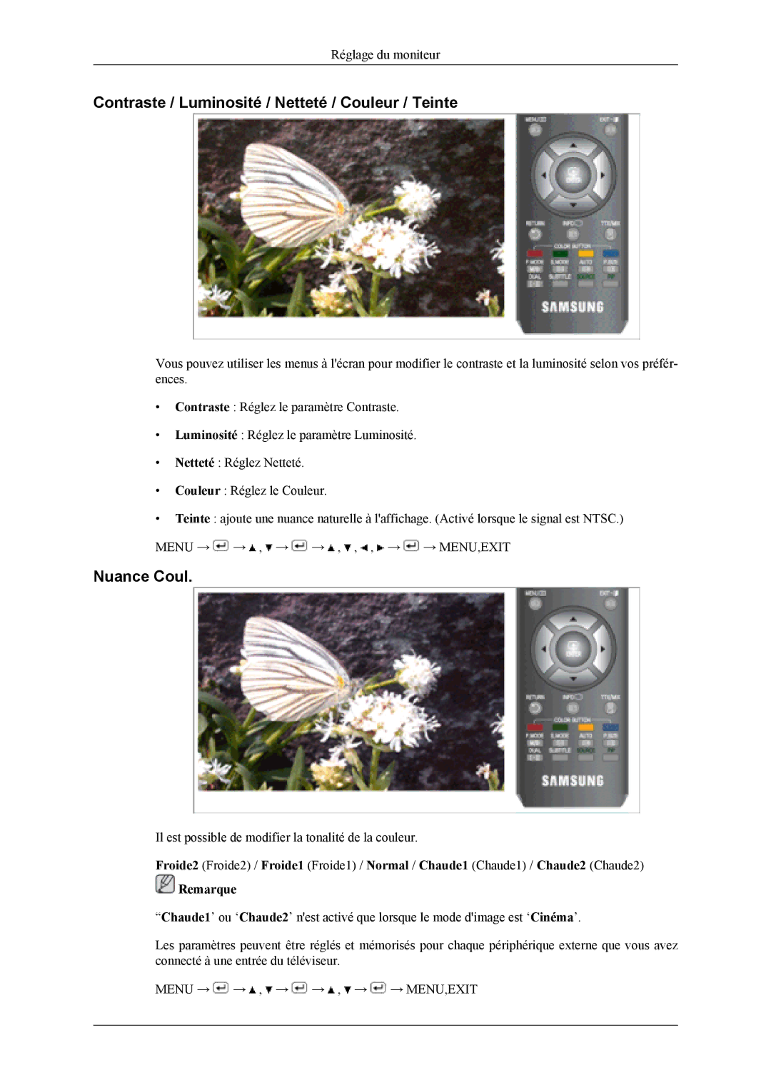 Samsung LS19CFVKF/EN, LS19CFEKF/EN manual Contraste / Luminosité / Netteté / Couleur / Teinte, Nuance Coul 