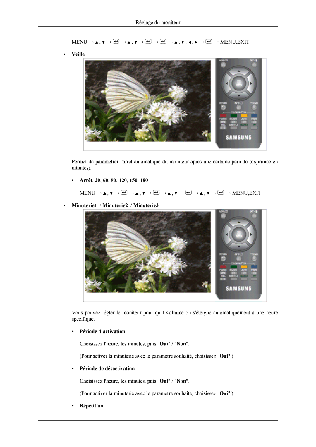 Samsung LS19CFVKF/EN manual Veille, Arrêt, 30, 60, 90, 120, 150, Minuterie1 / Minuterie2 / Minuterie3, Période dactivation 