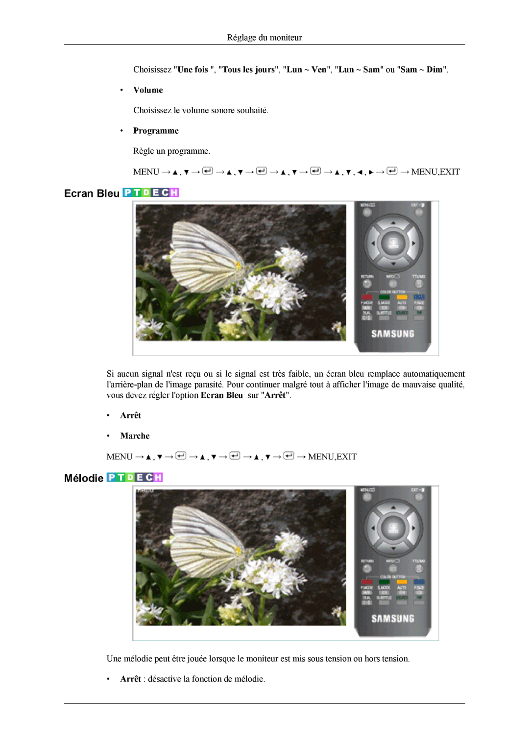 Samsung LS19CFEKF/EN, LS19CFVKF/EN manual Ecran Bleu, Mélodie 