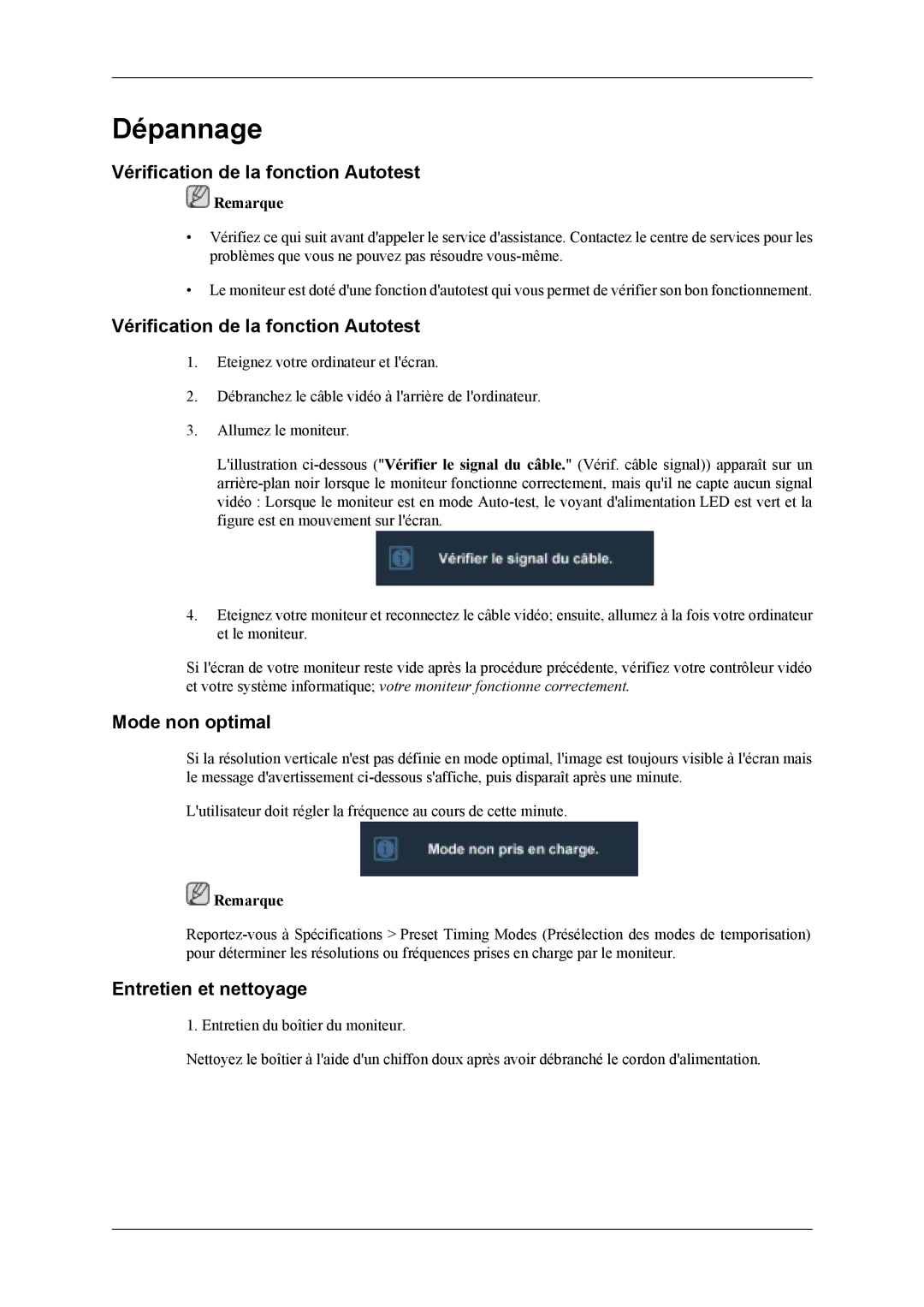 Samsung LS19CFVKF/EN manual Dépannage, Vérification de la fonction Autotest, Mode non optimal, Entretien et nettoyage 