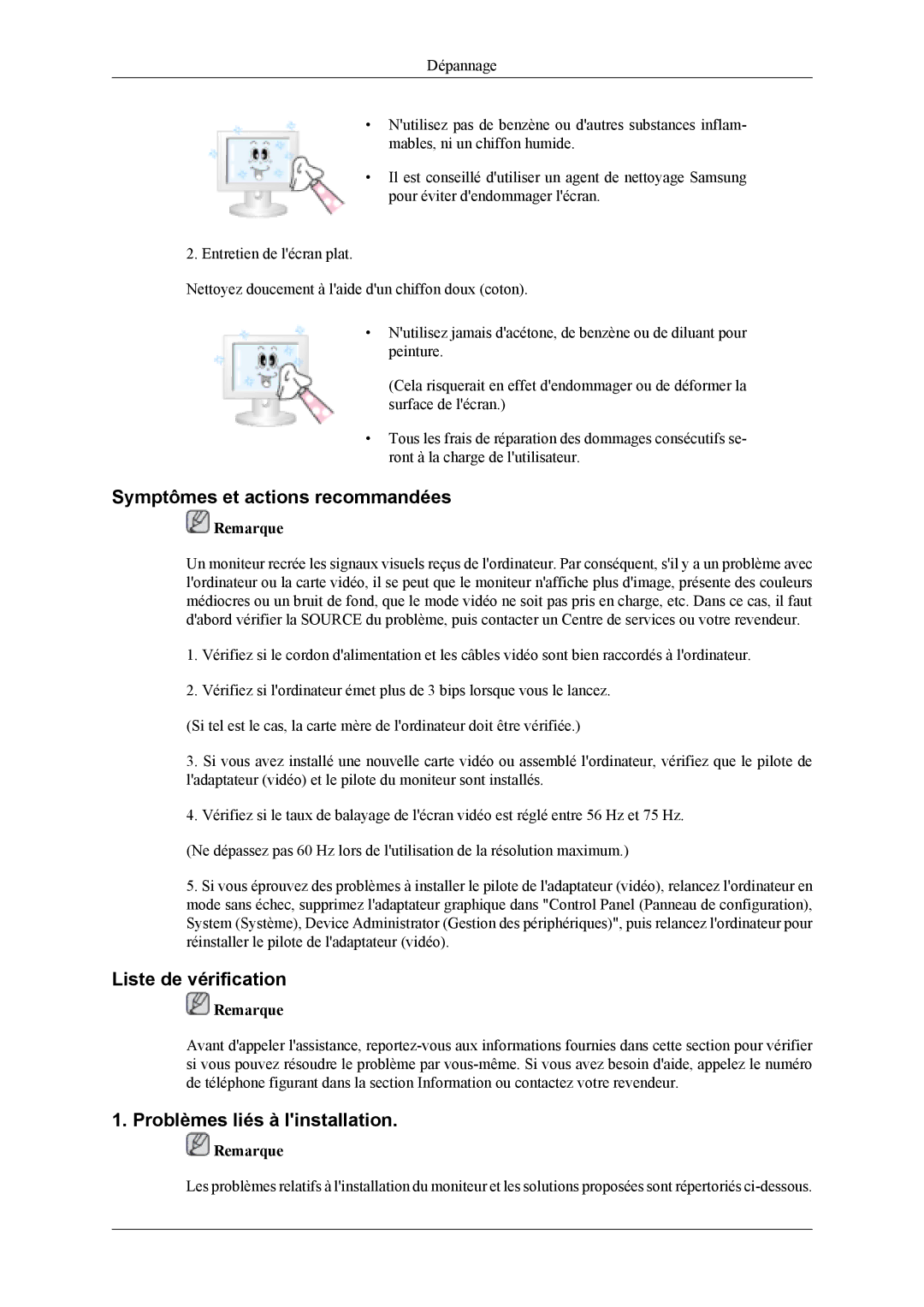 Samsung LS19CFEKF/EN manual Symptômes et actions recommandées, Liste de vérification, Problèmes liés à linstallation 