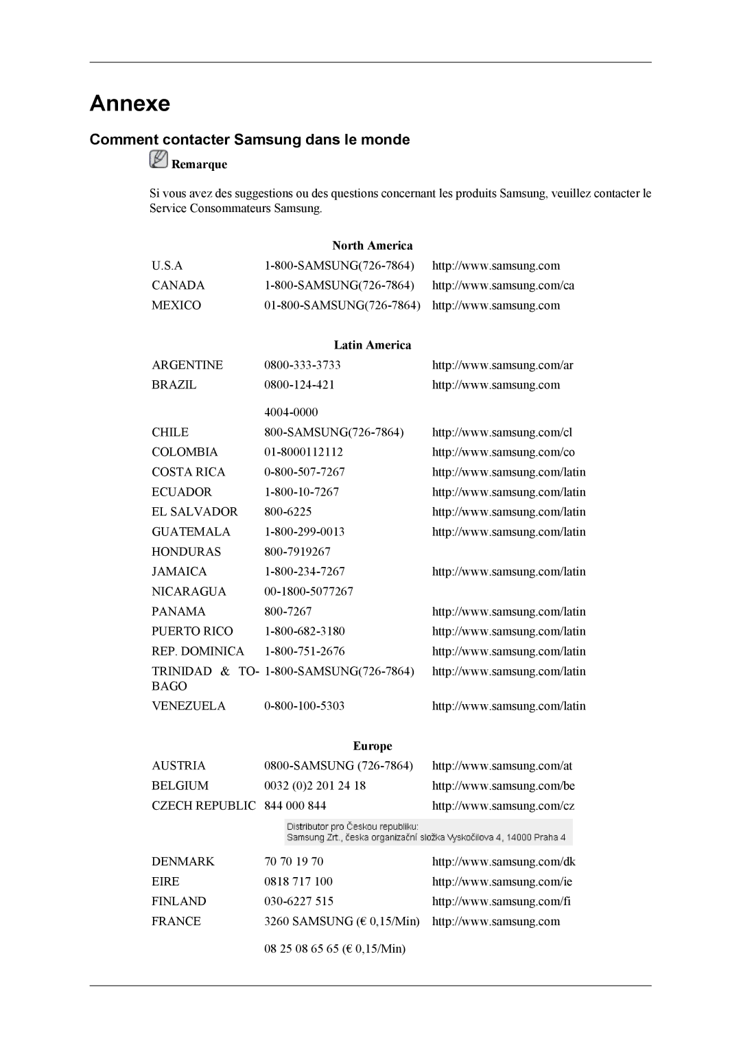 Samsung LS19CFEKF/EN, LS19CFVKF/EN Annexe, Comment contacter Samsung dans le monde, North America, Latin America, Europe 