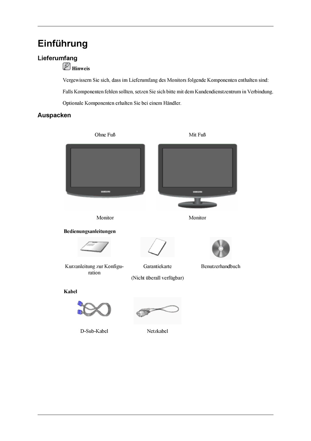 Samsung LS19CFEKF/EN, LS19CFVKF/EN manual Einführung, Lieferumfang, Auspacken, Bedienungsanleitungen, Kabel 