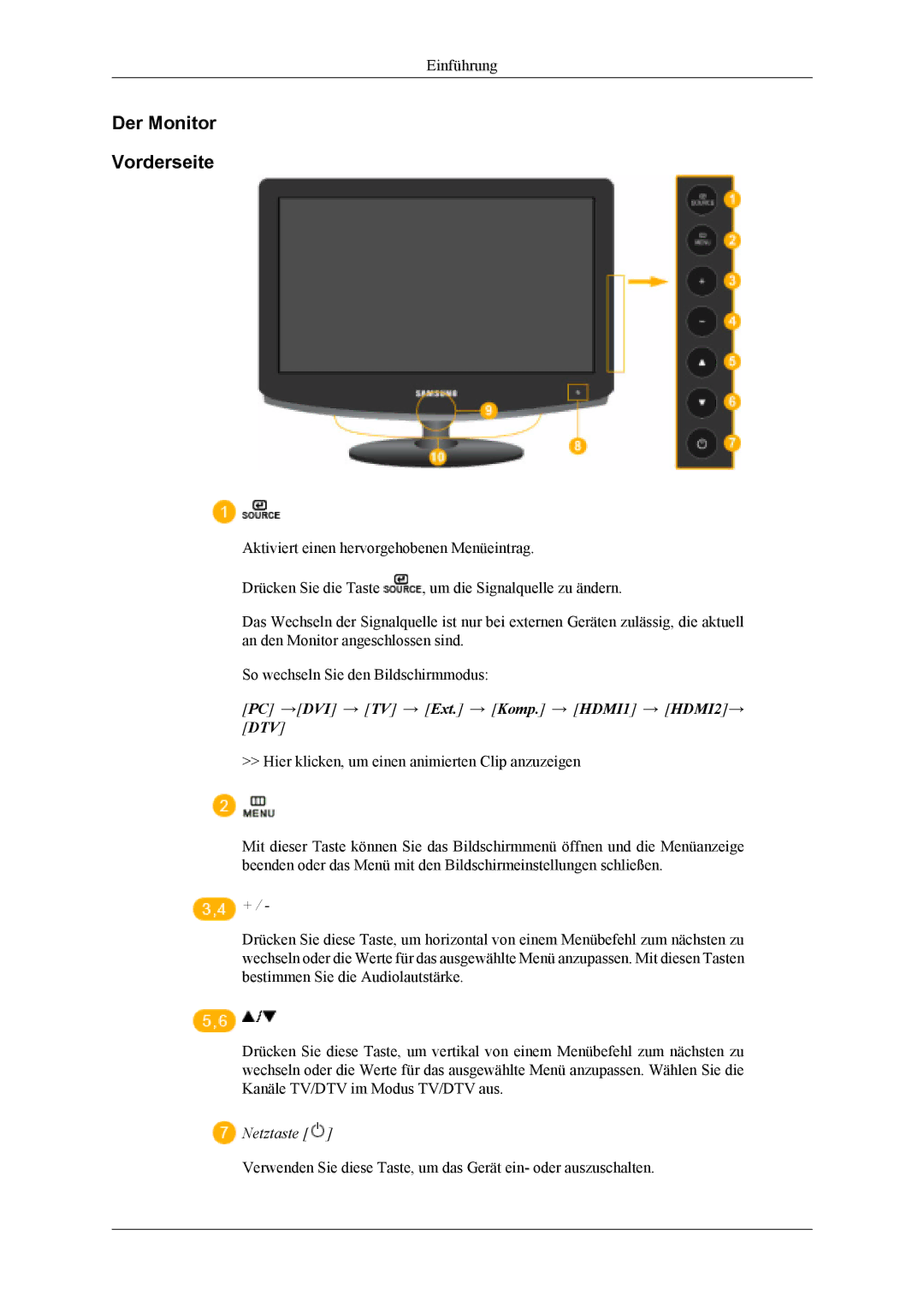 Samsung LS19CFEKF/EN, LS19CFVKF/EN manual Der Monitor Vorderseite, PC →DVI → TV → Ext. → Komp. → HDMI1 → HDMI2→ DTV 