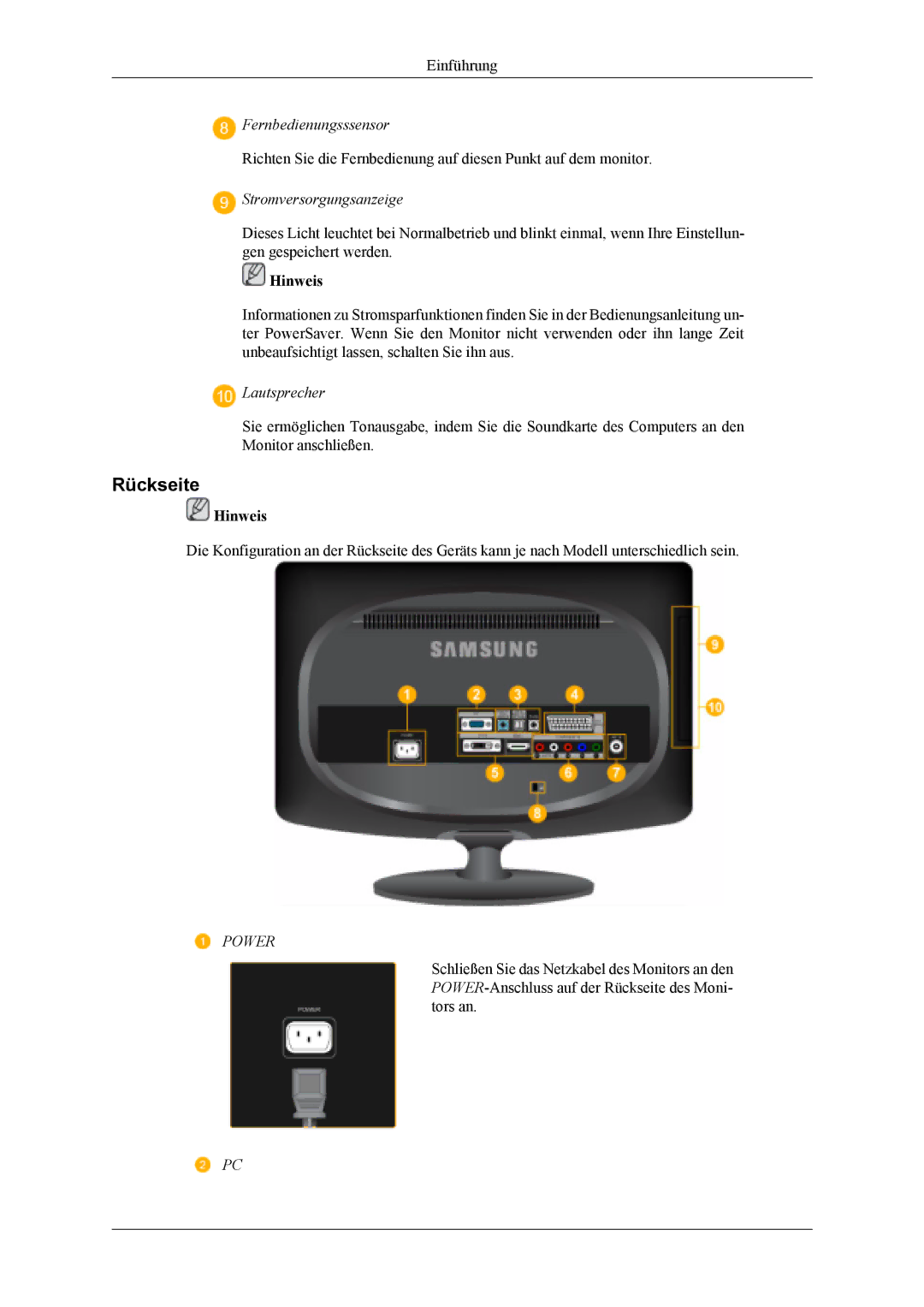 Samsung LS19CFVKF/EN, LS19CFEKF/EN manual Rückseite, Stromversorgungsanzeige 