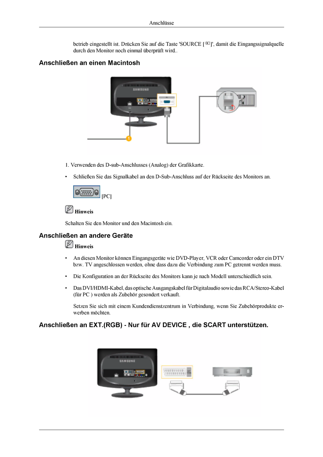 Samsung LS19CFVKF/EN, LS19CFEKF/EN manual Anschließen an einen Macintosh, Anschließen an andere Geräte 