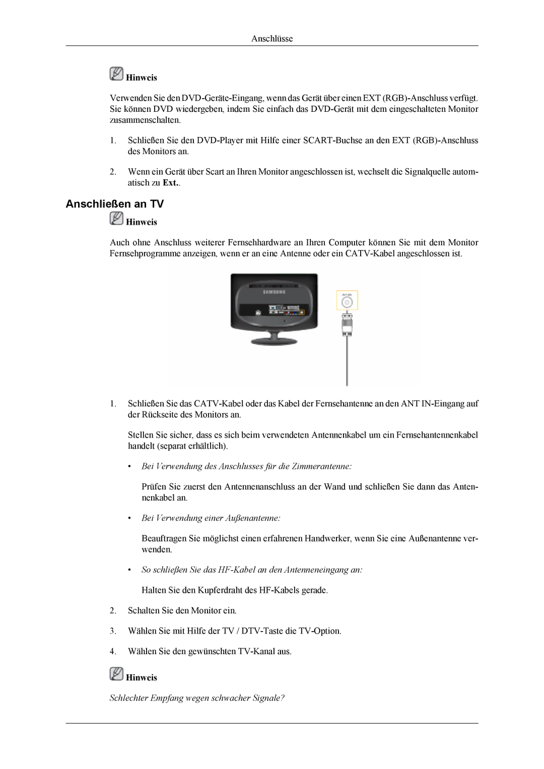 Samsung LS19CFEKF/EN, LS19CFVKF/EN manual Anschließen an TV, Bei Verwendung des Anschlusses für die Zimmerantenne 