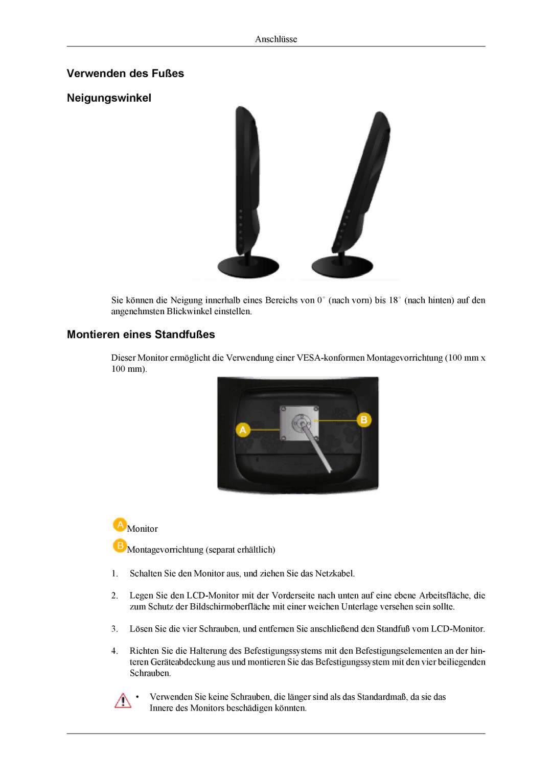 Samsung LS19CFVKF/EN, LS19CFEKF/EN manual Verwenden des Fußes Neigungswinkel, Montieren eines Standfußes 