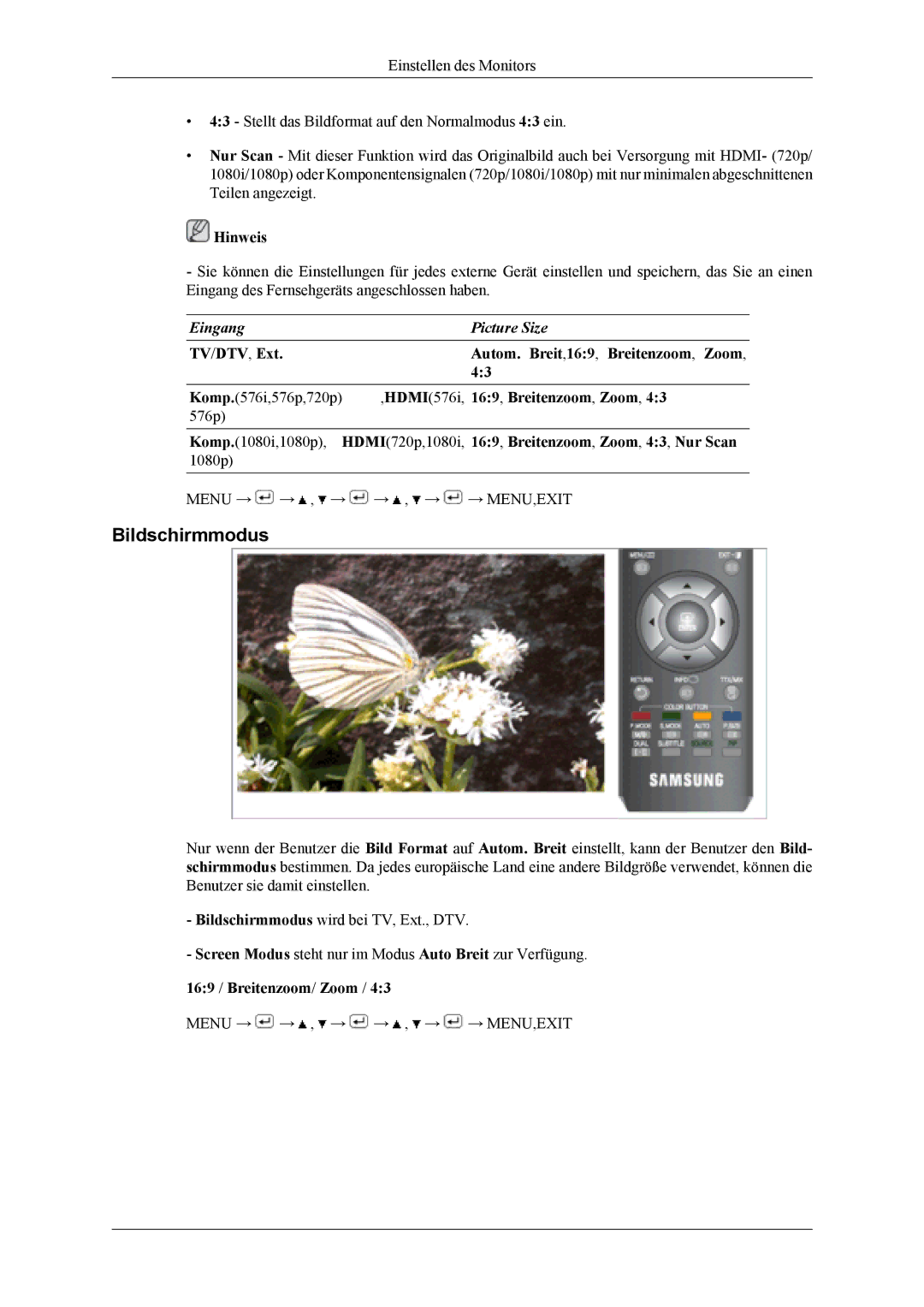 Samsung LS19CFVKF/EN, LS19CFEKF/EN manual Bildschirmmodus, 169 / Breitenzoom/ Zoom 