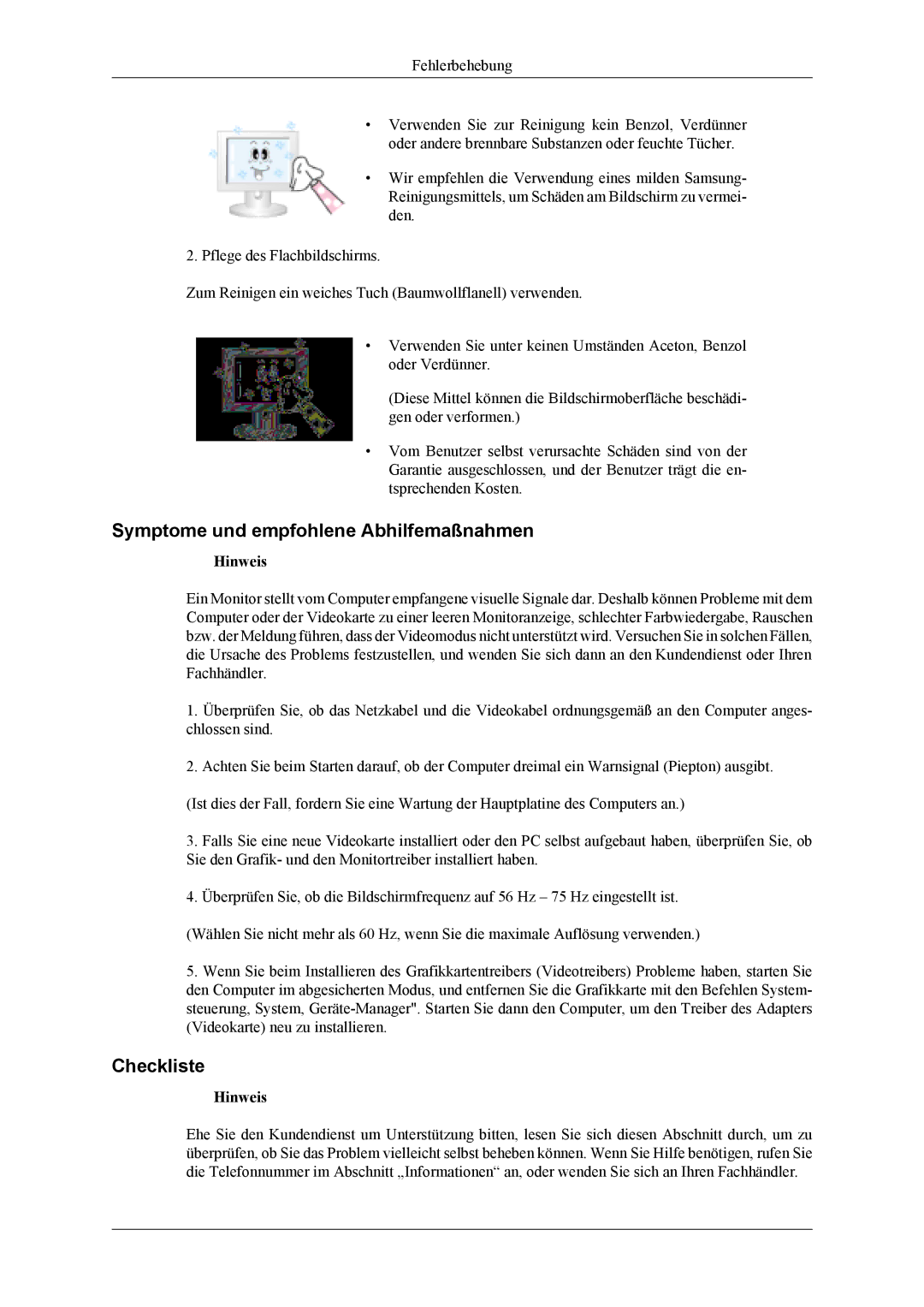 Samsung LS19CFEKF/EN, LS19CFVKF/EN manual Symptome und empfohlene Abhilfemaßnahmen, Checkliste 