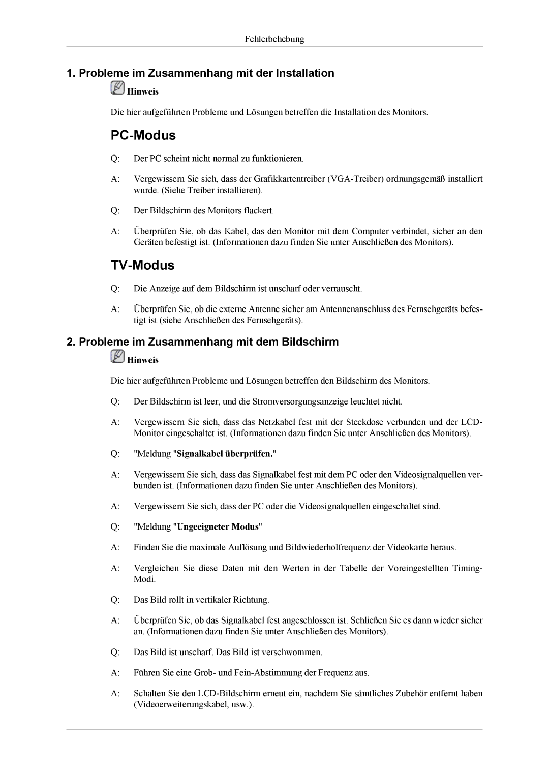 Samsung LS19CFVKF/EN manual Probleme im Zusammenhang mit der Installation, Probleme im Zusammenhang mit dem Bildschirm 