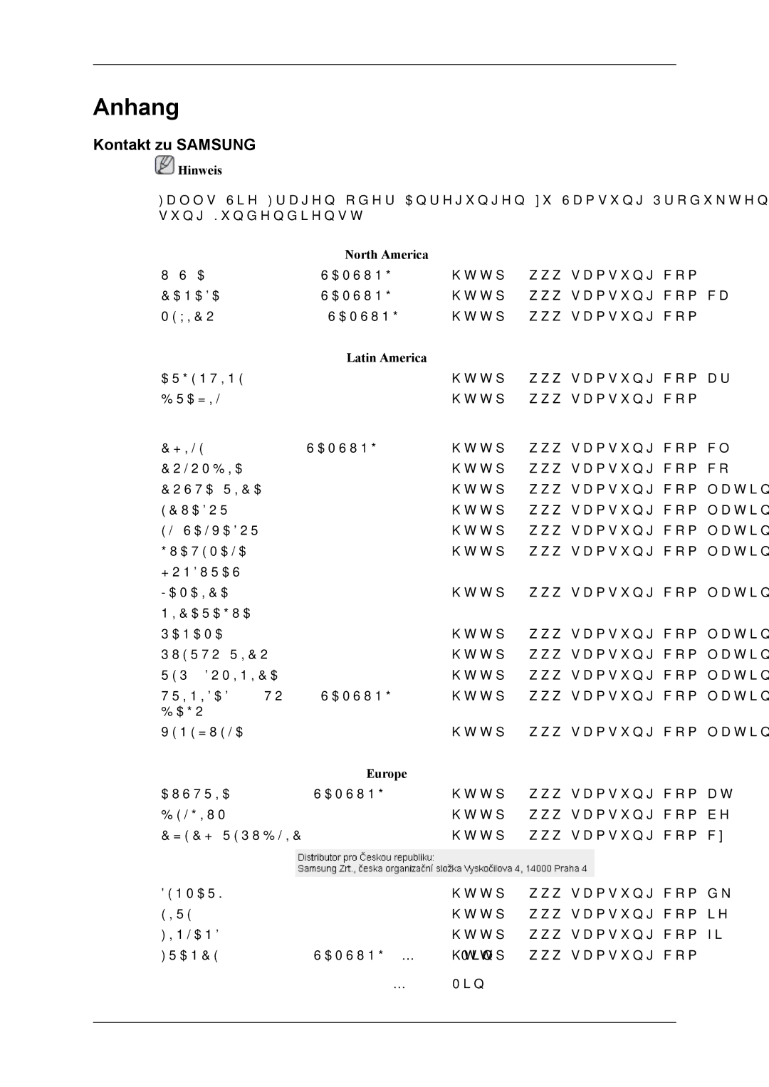 Samsung LS19CFEKF/EN, LS19CFVKF/EN manual Anhang, Kontakt zu Samsung, North America, Latin America, Europe 