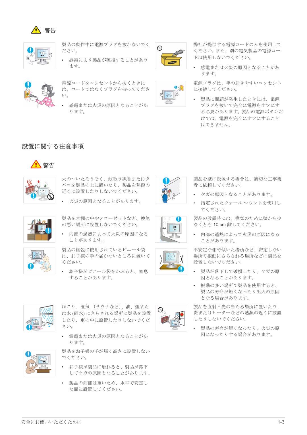 Samsung LS19CLASB/XJ, LS23X3HKFH/XJ, LS17CLASB/XJ, LS22CBHMBV/XJ, LS24CBHMBV/XJ manual 設置に関する注意事項 