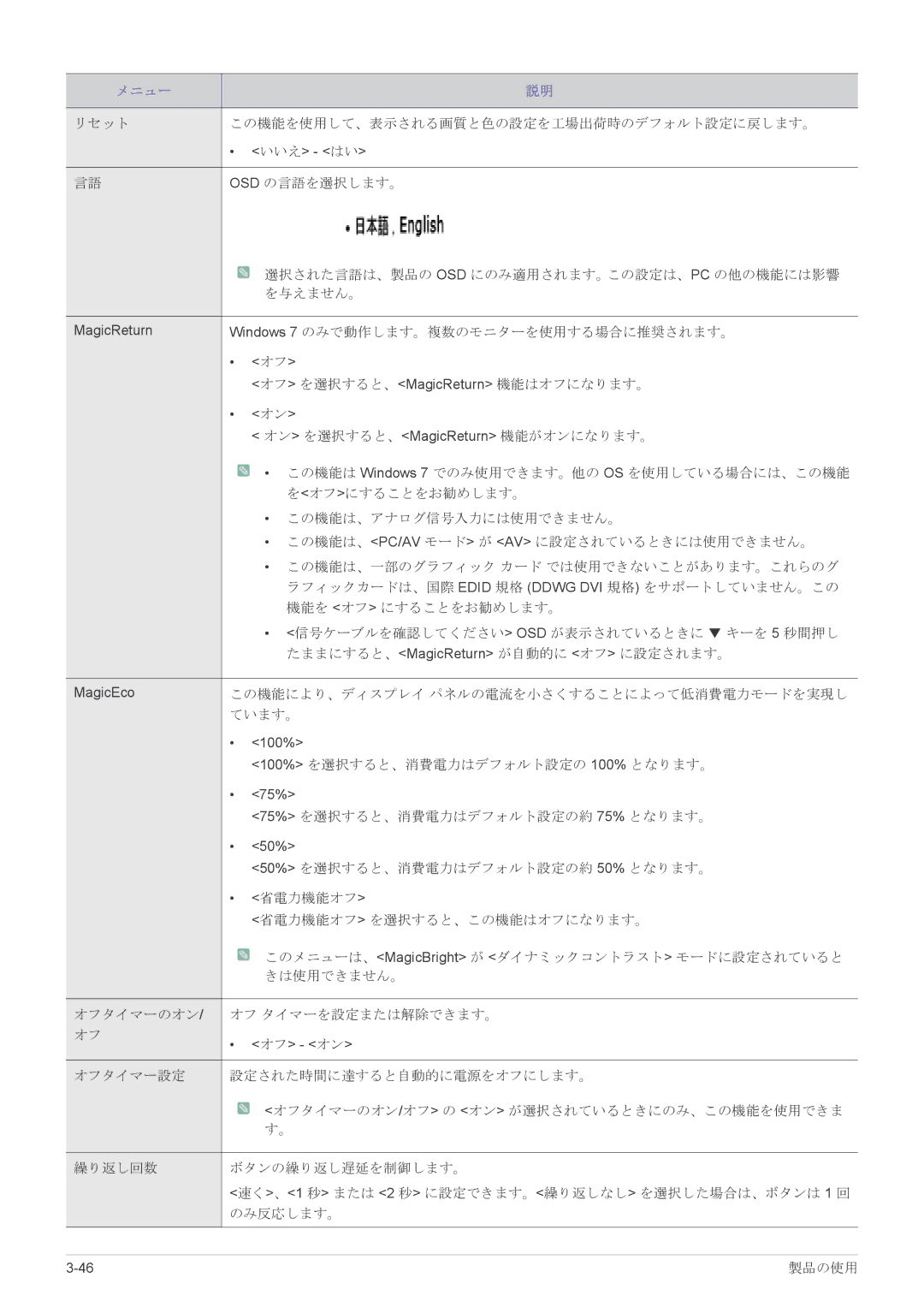 Samsung LS24CBHMBV/XJ, LS19CLASB/XJ, LS23X3HKFH/XJ, LS17CLASB/XJ manual リセット この機能を使用して、表示される画質と色の設定を工場出荷時のデフォルト設定に戻します。 