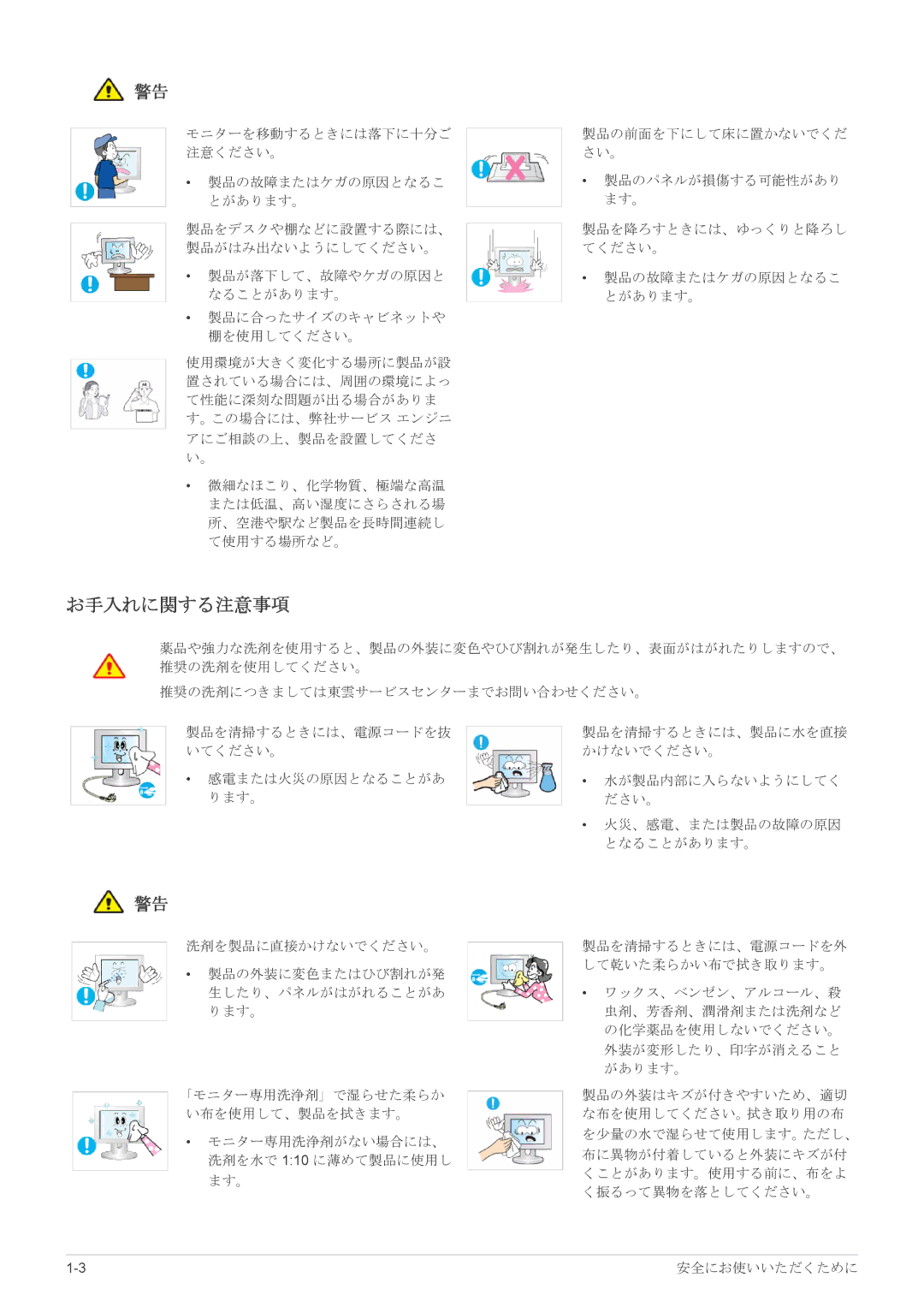 Samsung LS23X3HKFH/XJ, LS19CLASB/XJ, LS17CLASB/XJ, LS22CBHMBV/XJ, LS24CBHMBV/XJ manual お手入れに関する注意事項 