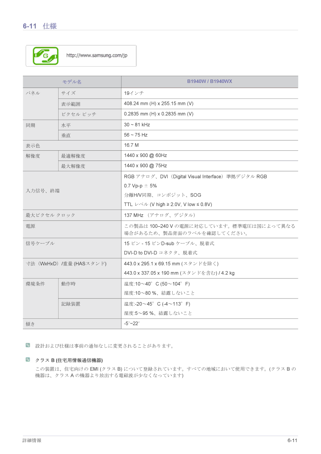 Samsung LS17CLASB/XJ, LS19CLASB/XJ, LS23X3HKFH/XJ, LS22CBHMBV/XJ, LS24CBHMBV/XJ manual 11 仕様, B1940W / B1940WX 