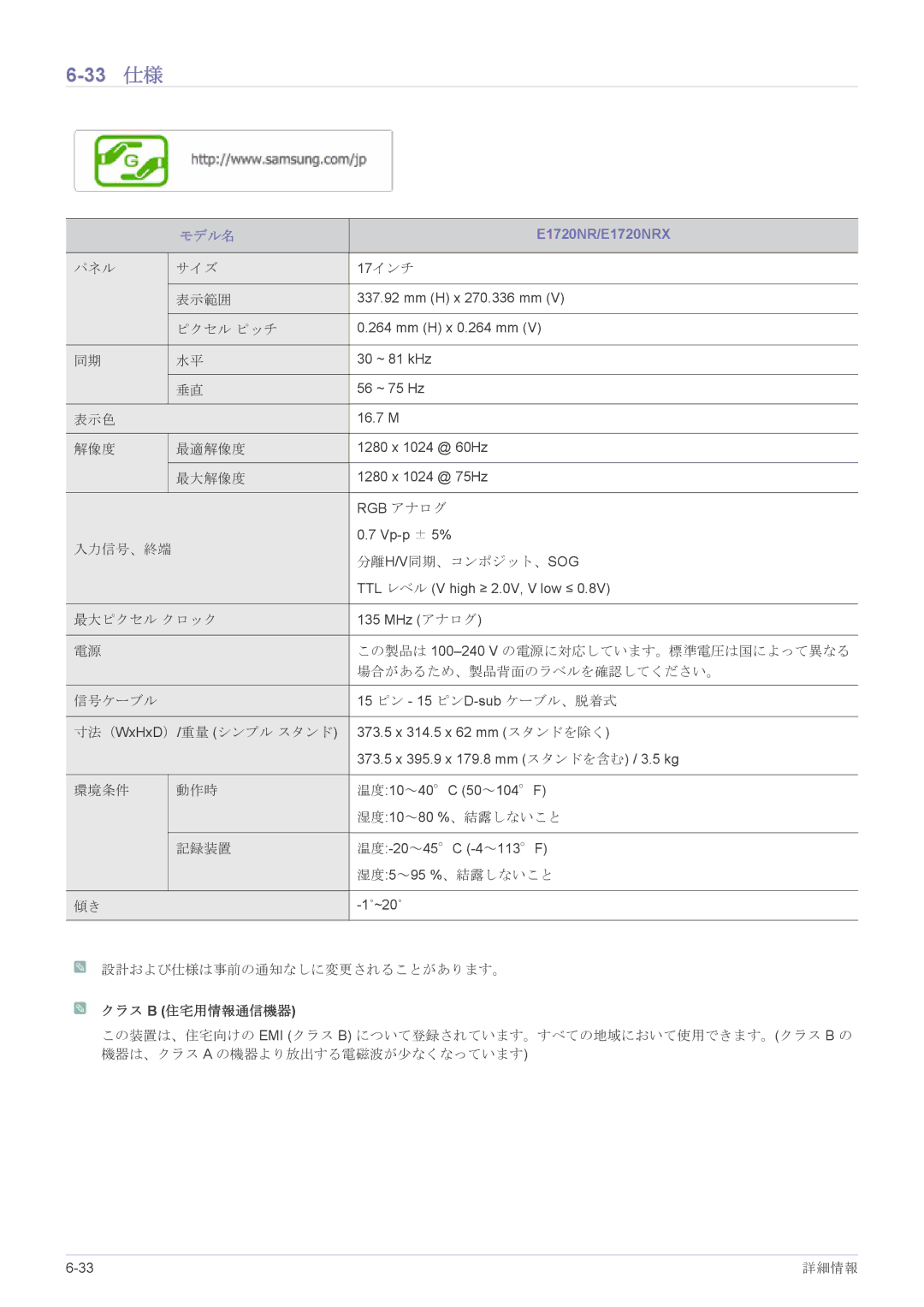 Samsung LS19CLASB/XJ, LS23X3HKFH/XJ, LS17CLASB/XJ, LS22CBHMBV/XJ, LS24CBHMBV/XJ manual 33 仕様, E1720NR/E1720NRX 