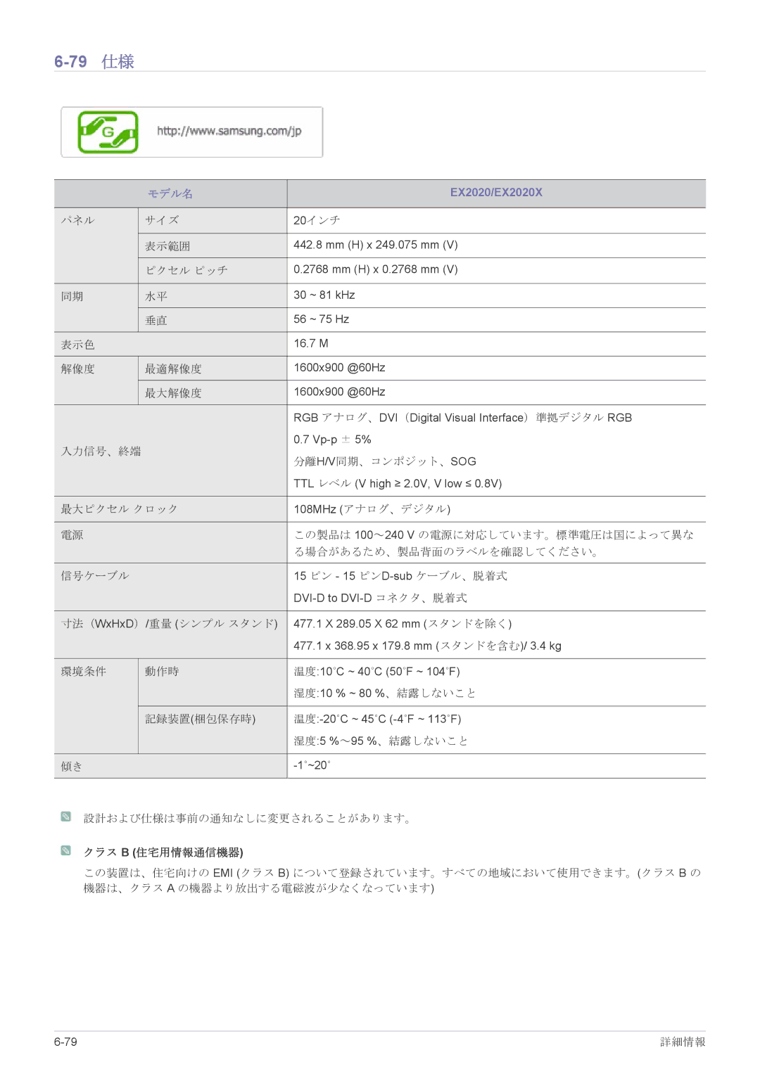 Samsung LS23X3HKFH/XJ, LS19CLASB/XJ, LS17CLASB/XJ, LS22CBHMBV/XJ, LS24CBHMBV/XJ manual 79 仕様, EX2020/EX2020X 