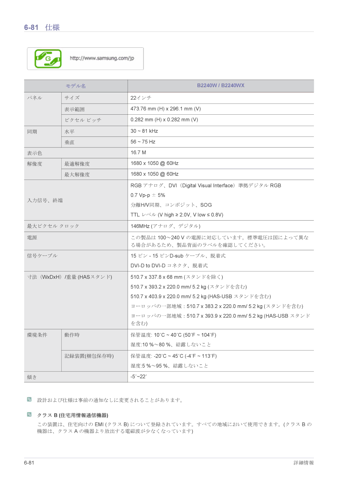 Samsung LS22CBHMBV/XJ, LS19CLASB/XJ, LS23X3HKFH/XJ, LS17CLASB/XJ, LS24CBHMBV/XJ manual 81 仕様, B2240W / B2240WX 