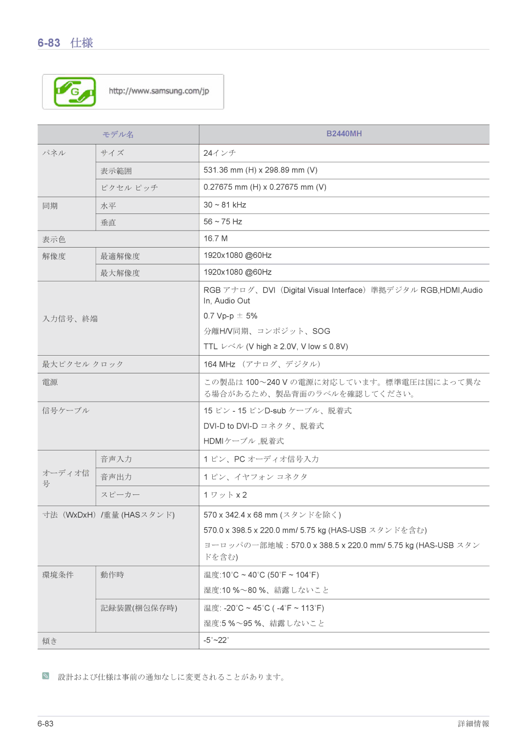 Samsung LS19CLASB/XJ, LS23X3HKFH/XJ, LS17CLASB/XJ, LS22CBHMBV/XJ, LS24CBHMBV/XJ manual 83 仕様, B2440MH 