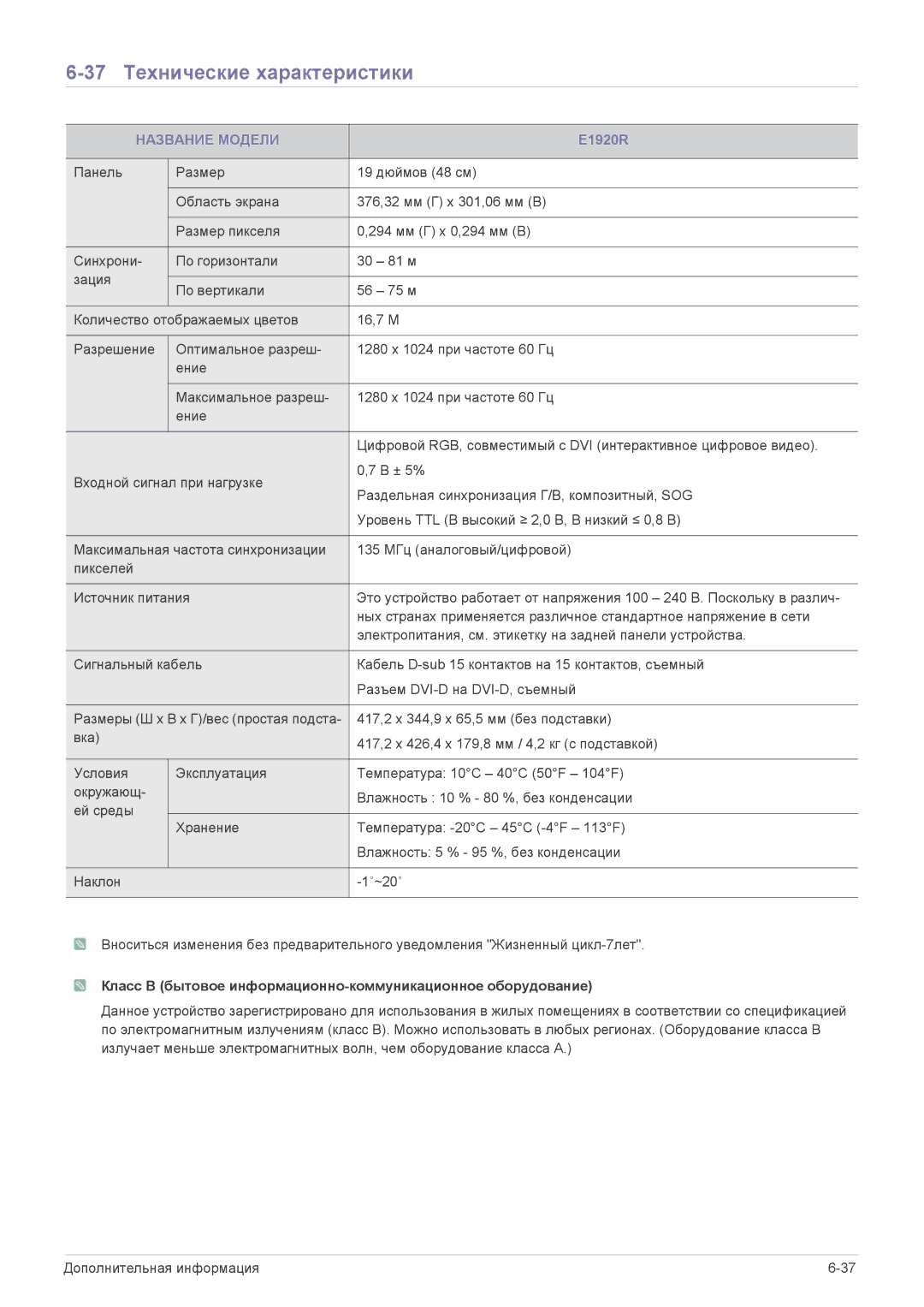 Samsung LS22CLYSB/EN, LS19CLASS/EN, LS19CLASSUEN, LS20CLYSB/EN, LS22CBUMBV/EN manual 37 Технические характеристики, E1920R 