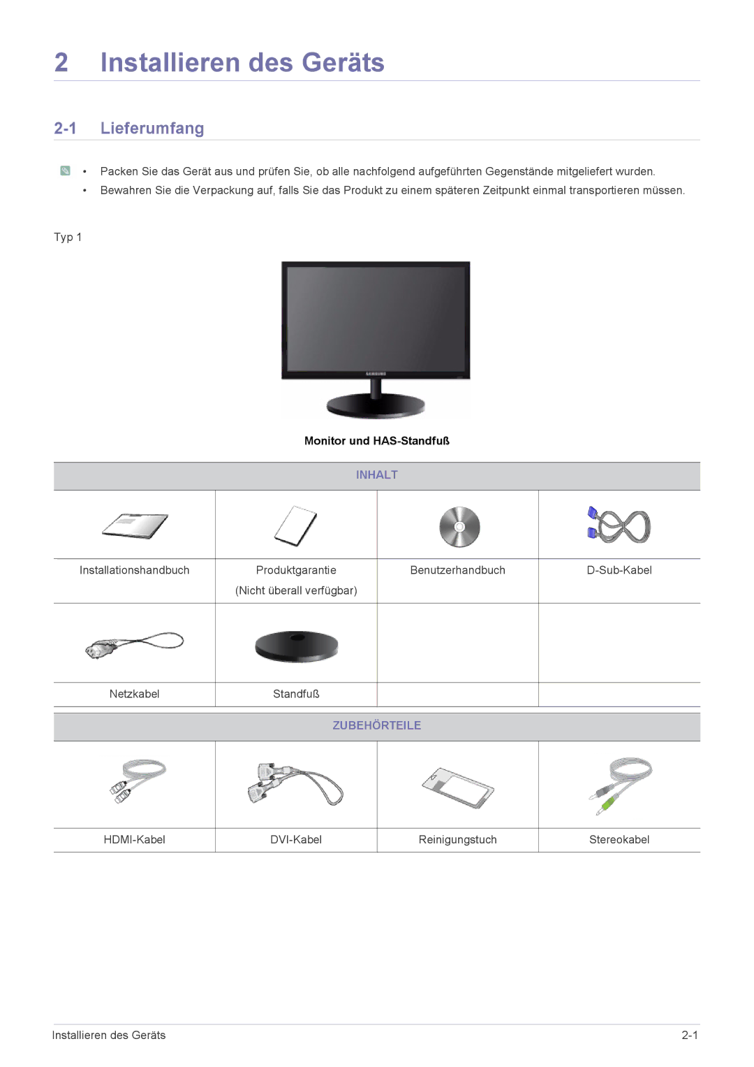 Samsung LS24CBHMBV/EN, LS19CLASS/EN, LS22CBDMSV/EN, LS22CBUABV/EN, LS22CBDMBV/ZA manual Installieren des Geräts, Lieferumfang 