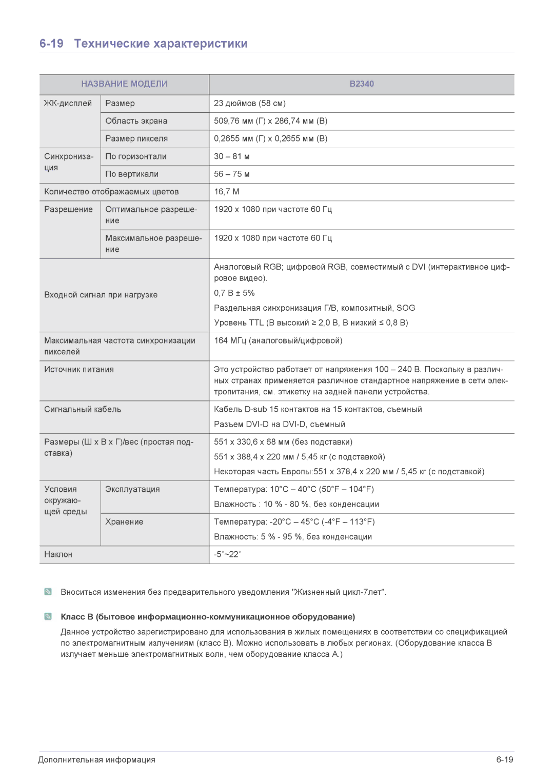 Samsung LS23CBZMBV/EN, LS19CLASS/EN, LS23CLZSB/EN, LS22CLZSB/EN, LS19CBBMS/EN manual 19 Технические характеристики, B2340 