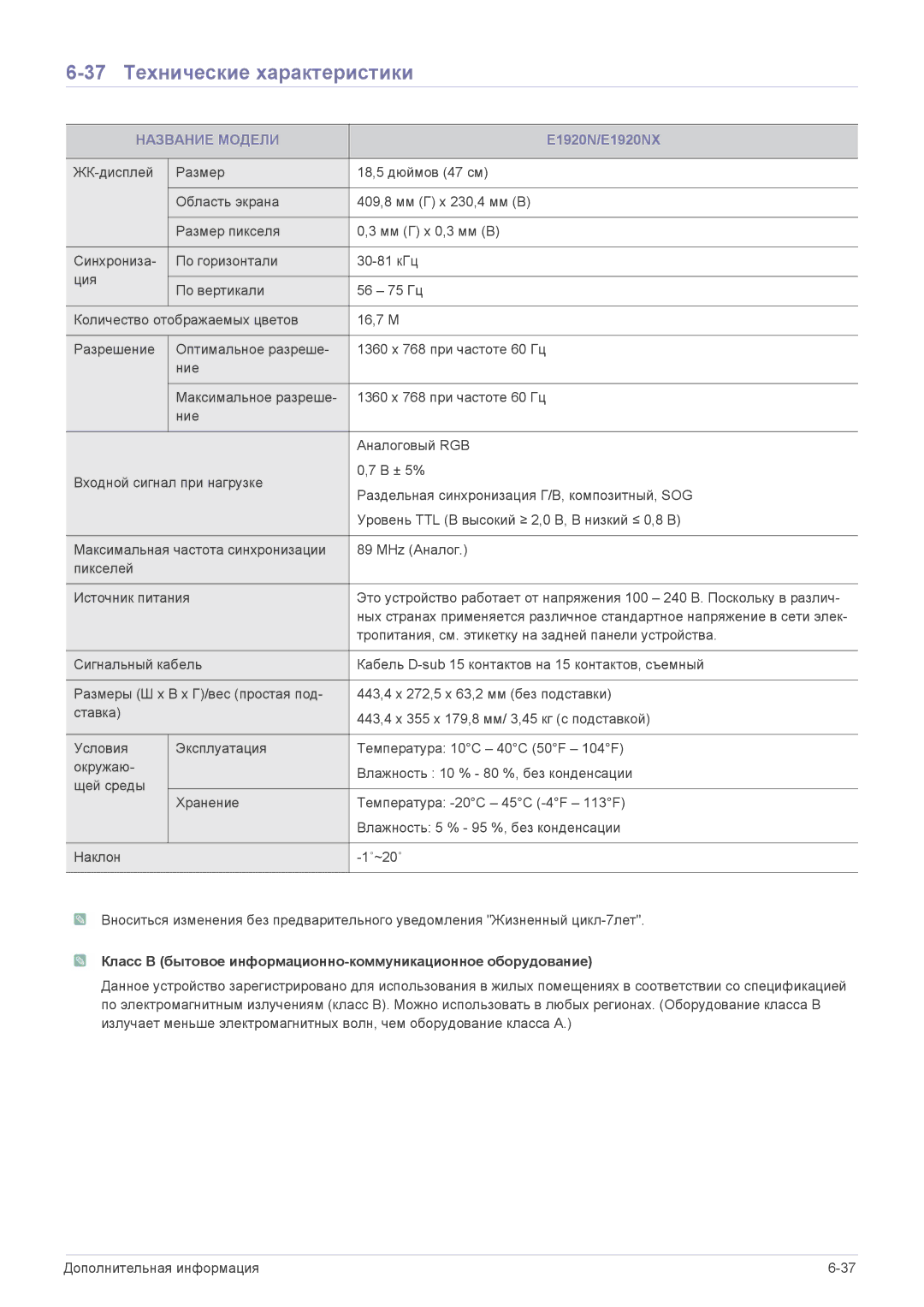 Samsung LS19CLUSB/EN, LS19CLASS/EN, LS23CLZSB/EN, LS22CLZSB/EN, LS19CBBMS/EN 37 Технические характеристики, E1920N/E1920NX 