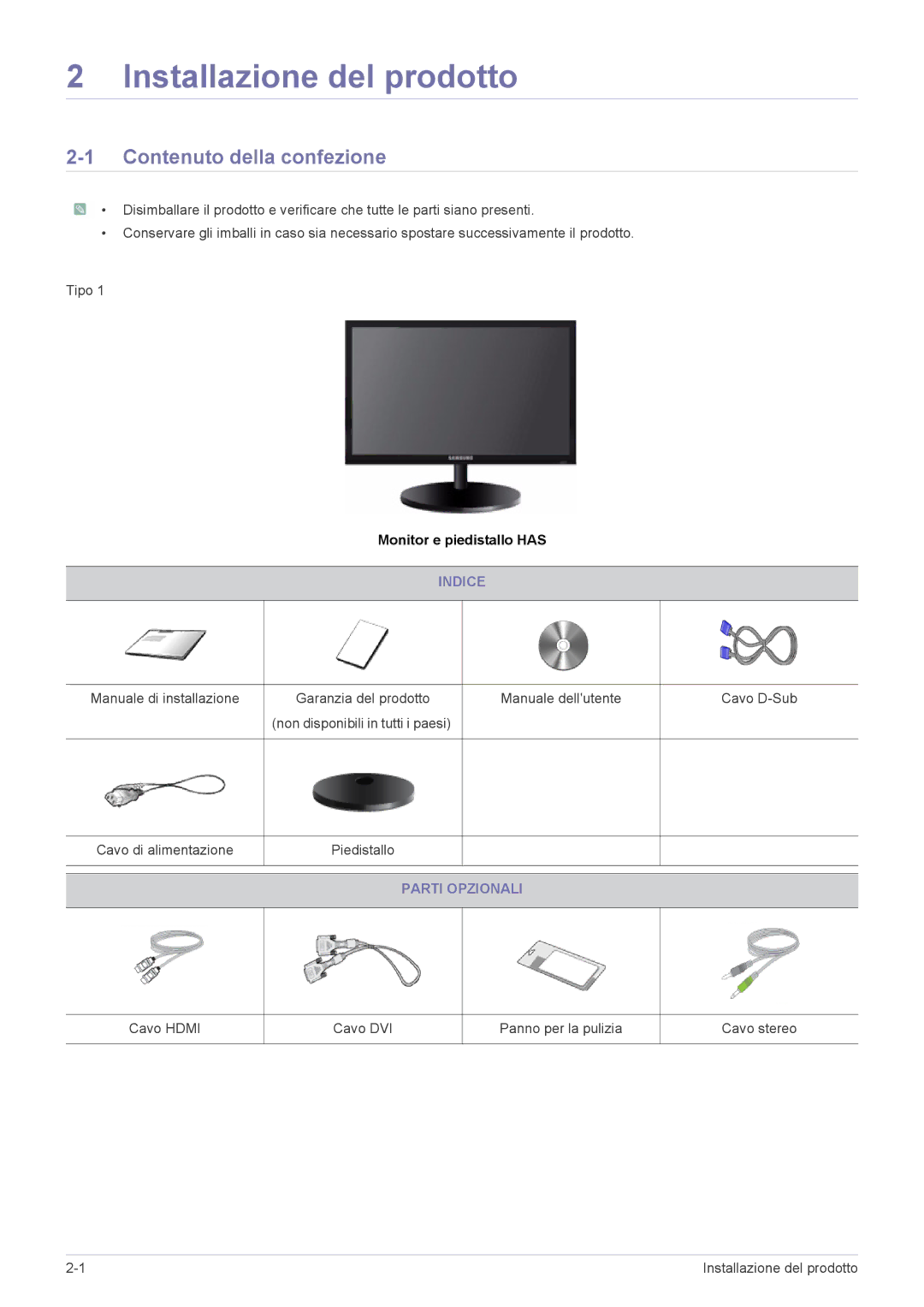 Samsung LS19CLASSUEN, LS20CLYSB/EN, LS22CBUMBV/EN, LS19CLYSBUEN manual Installazione del prodotto, Contenuto della confezione 